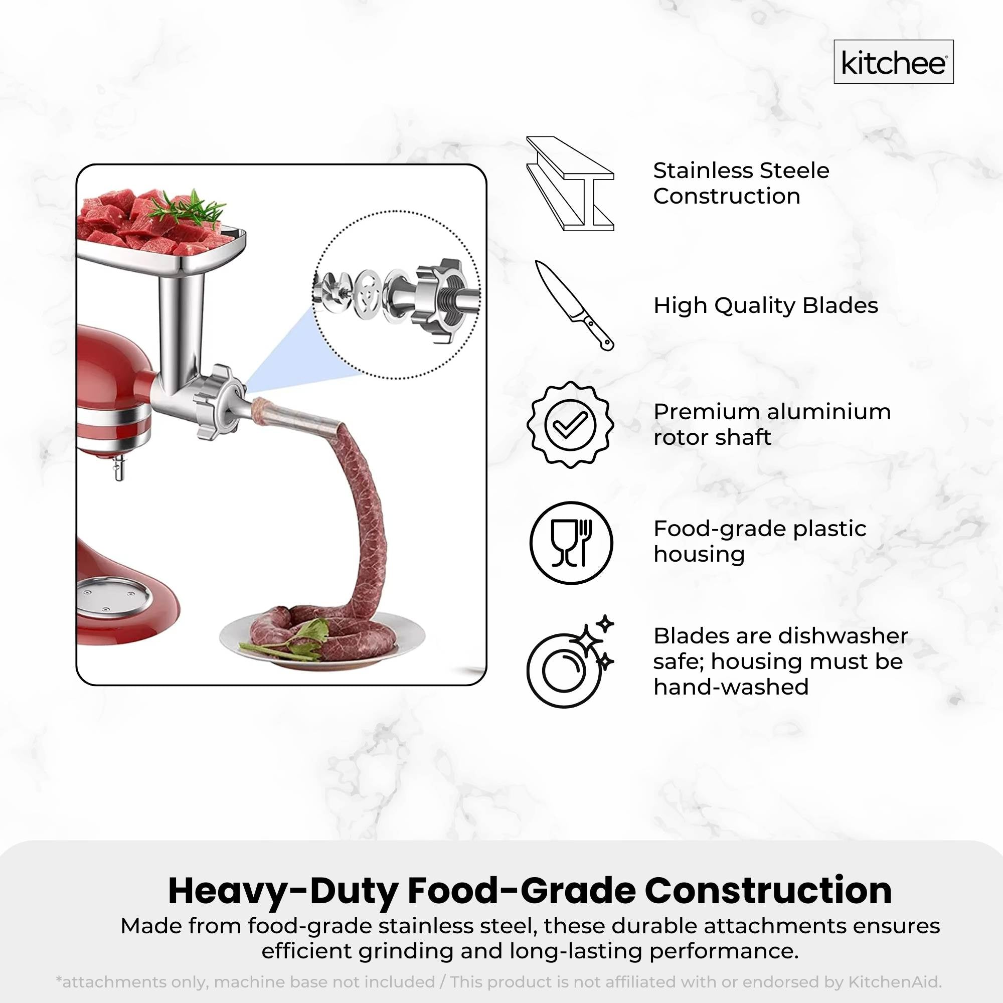 Kitchee Meat Food Grinder Sausage Attachment - Compatible with KitchenAid Mixers 3