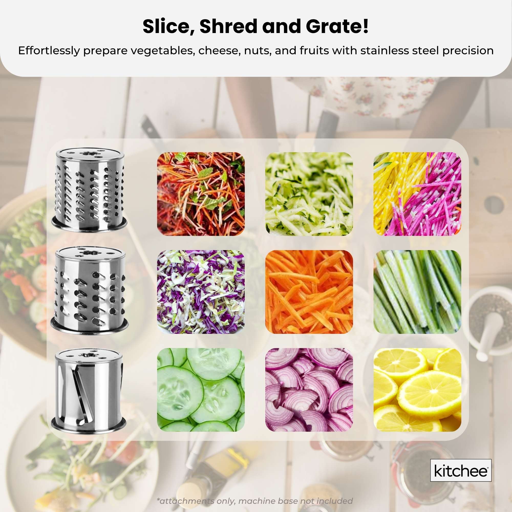 Kitchee Slicer Shredder Grater 3 Attachments - Compatible with KitchenAid Mixer 3