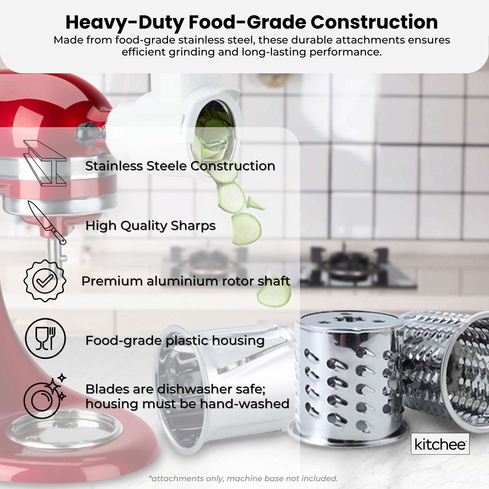 Kitchee Slicer Shredder Grater 3 Attachments - Compatible with KitchenAid Mixer 4