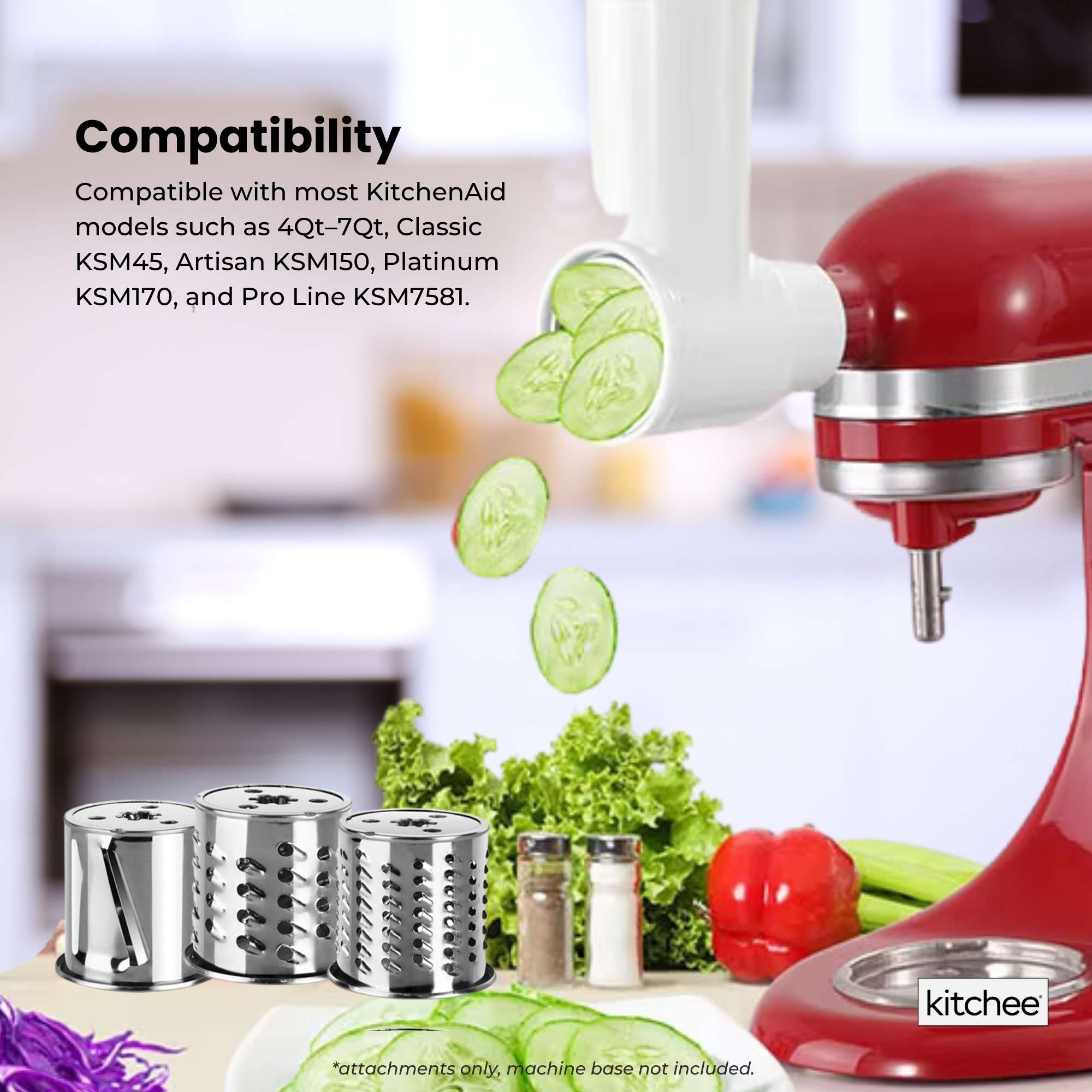 Kitchee Slicer Shredder Grater 3 Attachments - Compatible with KitchenAid Mixer 5