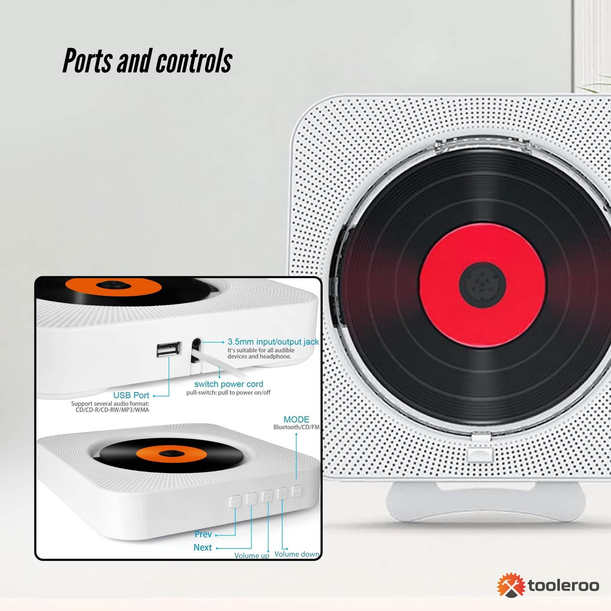 Tooleroo Wall Mountable CD Player Speaker - Bluetooth HiFi FM Radio White 3
