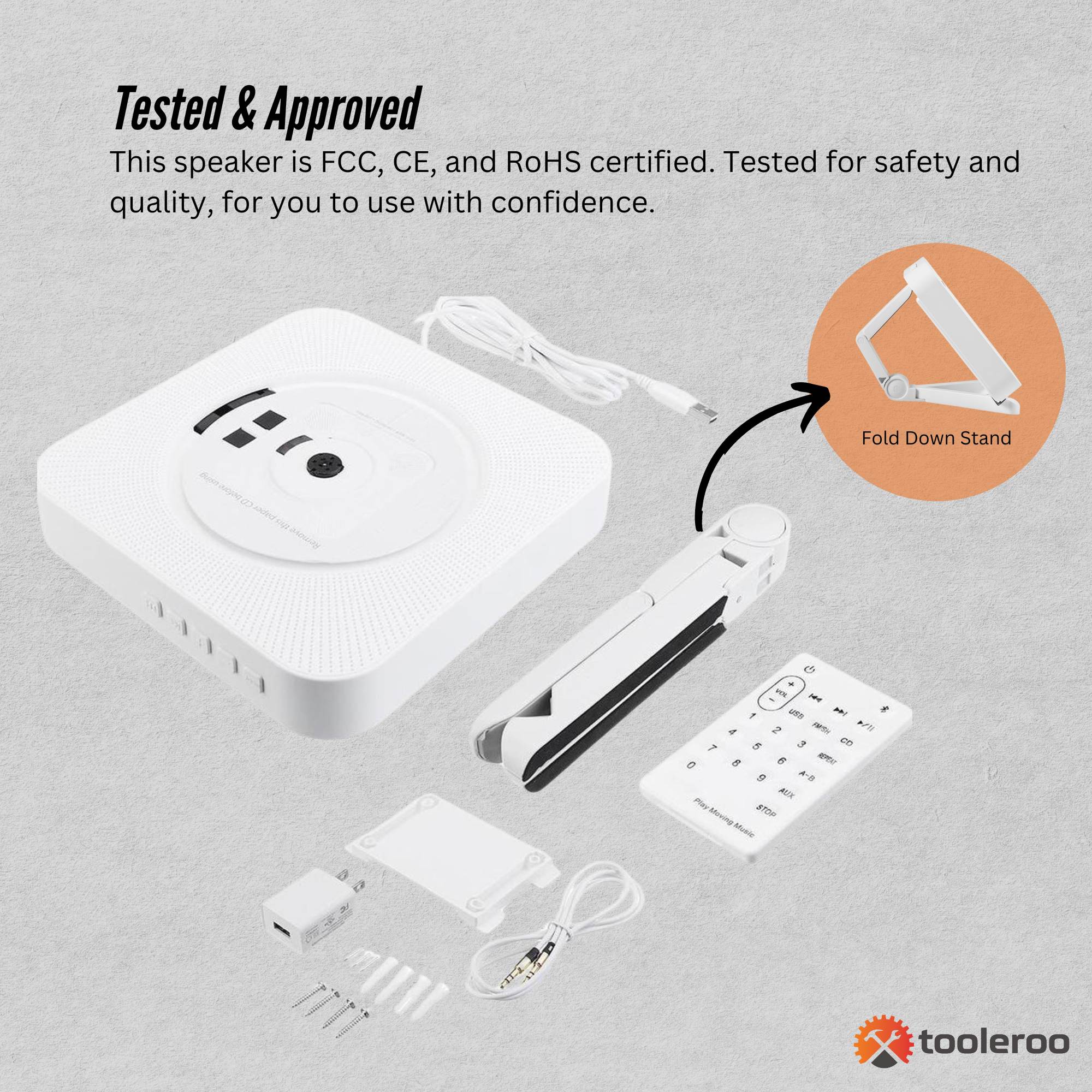 Tooleroo Wall Mountable CD Player Speaker - Bluetooth HiFi FM Radio White 4