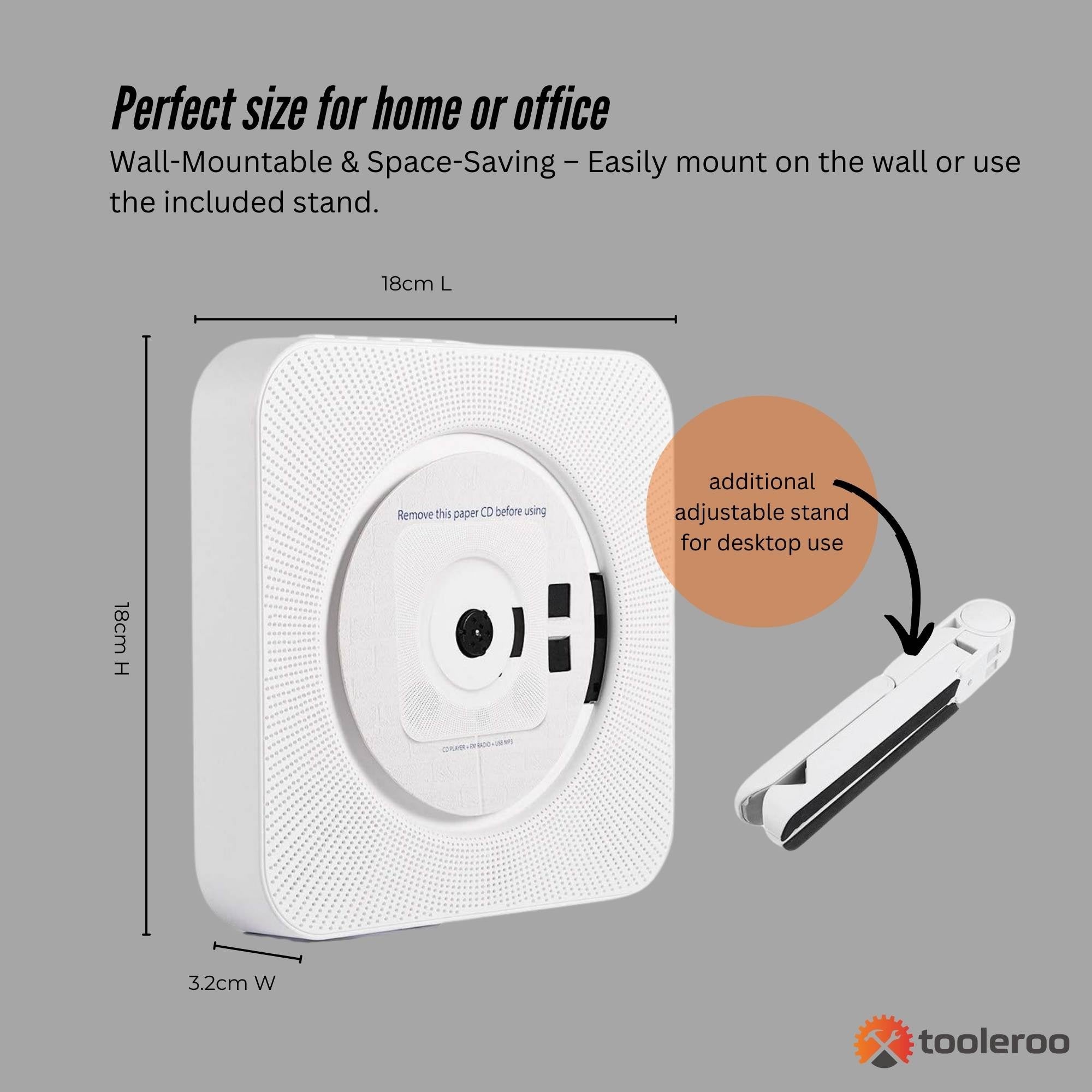 Tooleroo Wall Mountable CD Player Speaker - Bluetooth HiFi FM Radio White 5