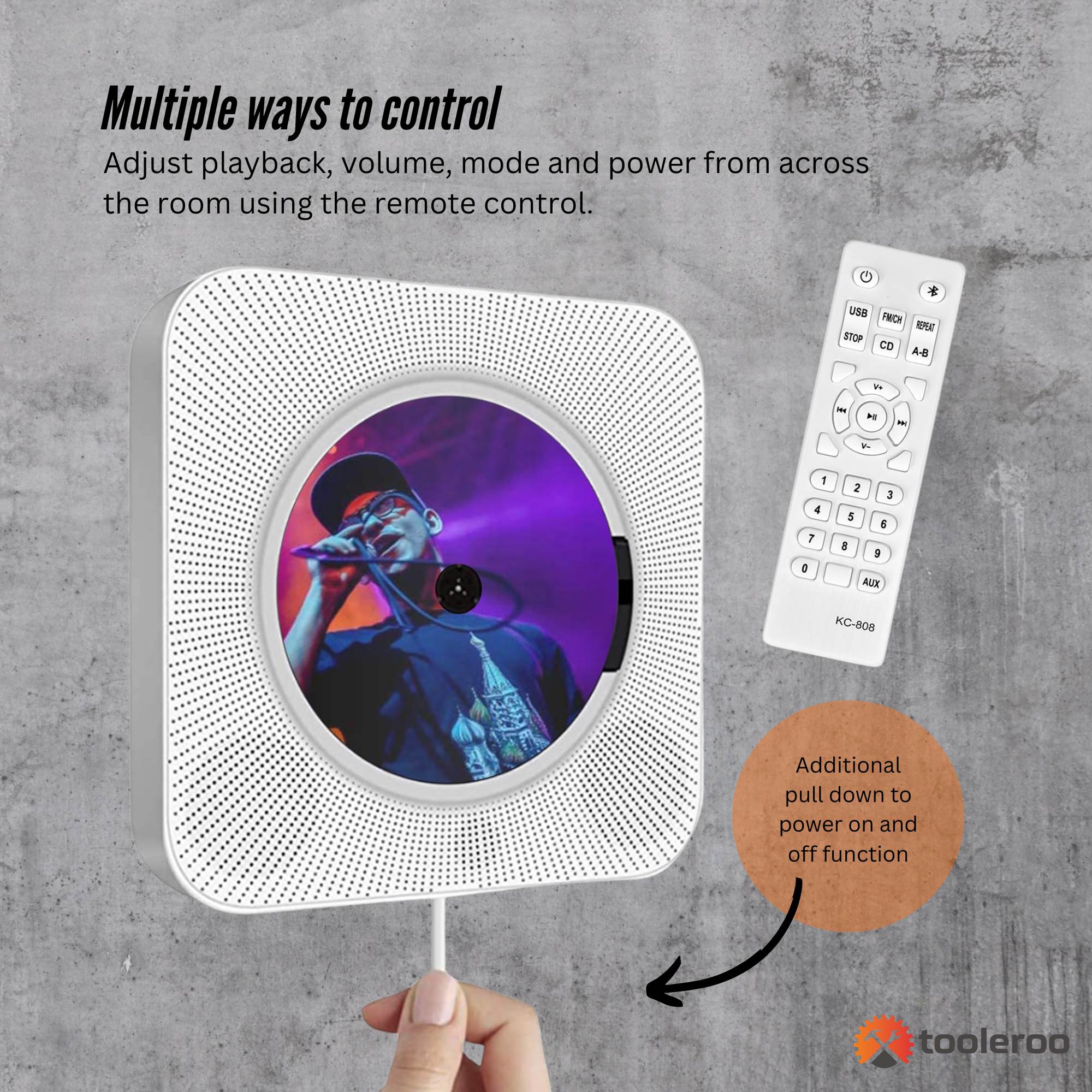 Tooleroo Wall Mountable CD Player Speaker - Bluetooth HiFi FM Radio White 7