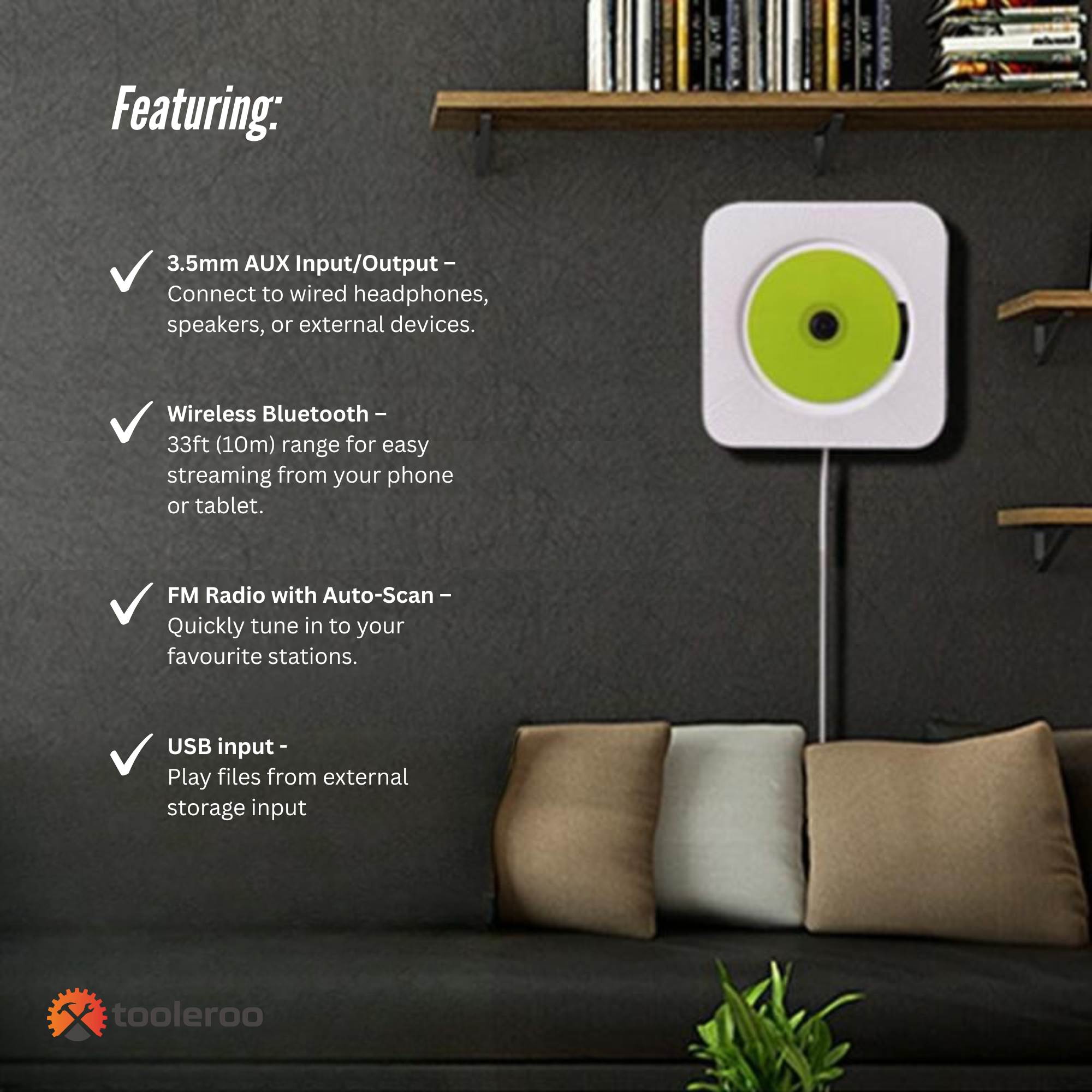 Tooleroo Wall Mountable CD Player Speaker - Bluetooth HiFi FM Radio White 9