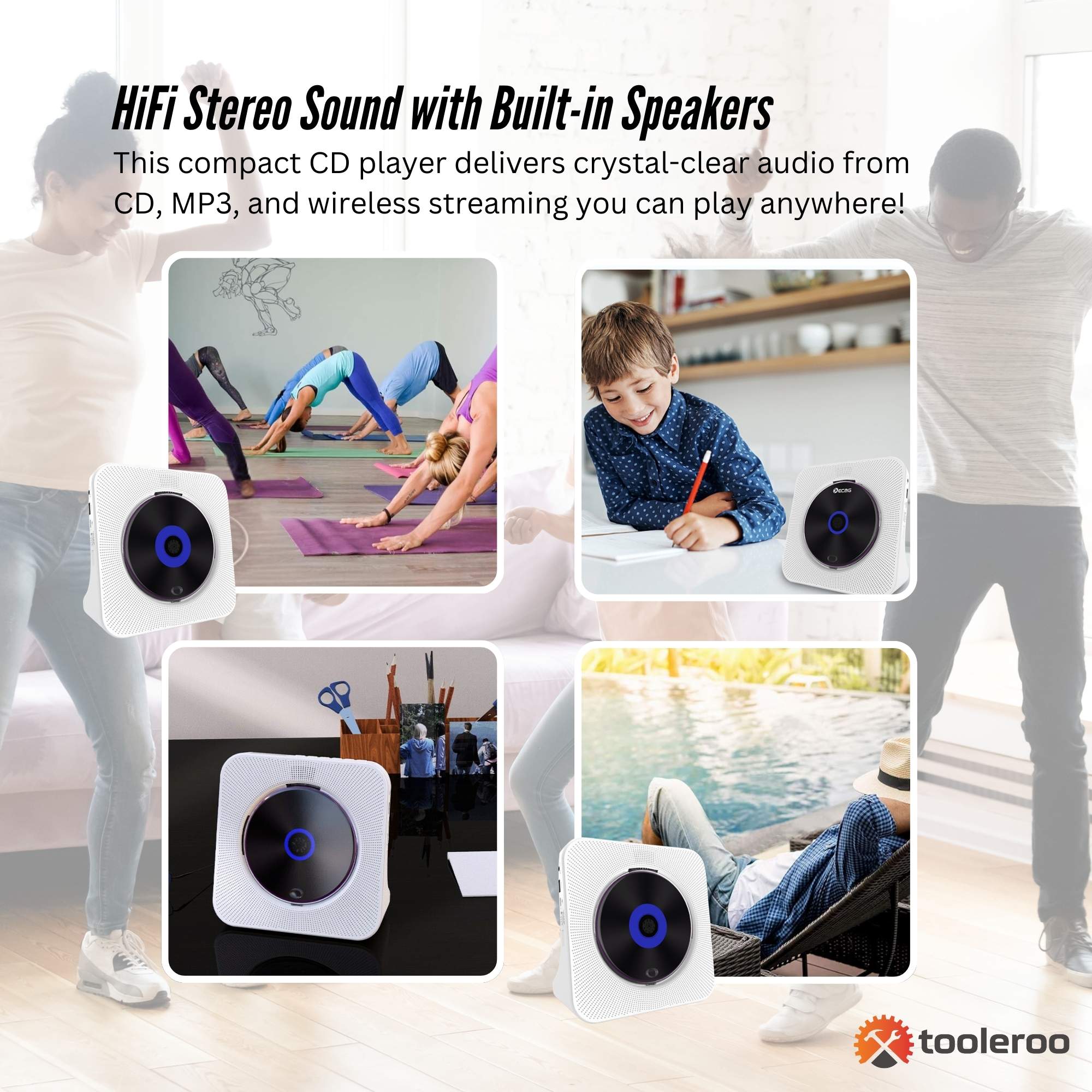 Tooleroo USB Rechargeable Desktop CD Player Speaker – Bluetooth Portable White 3