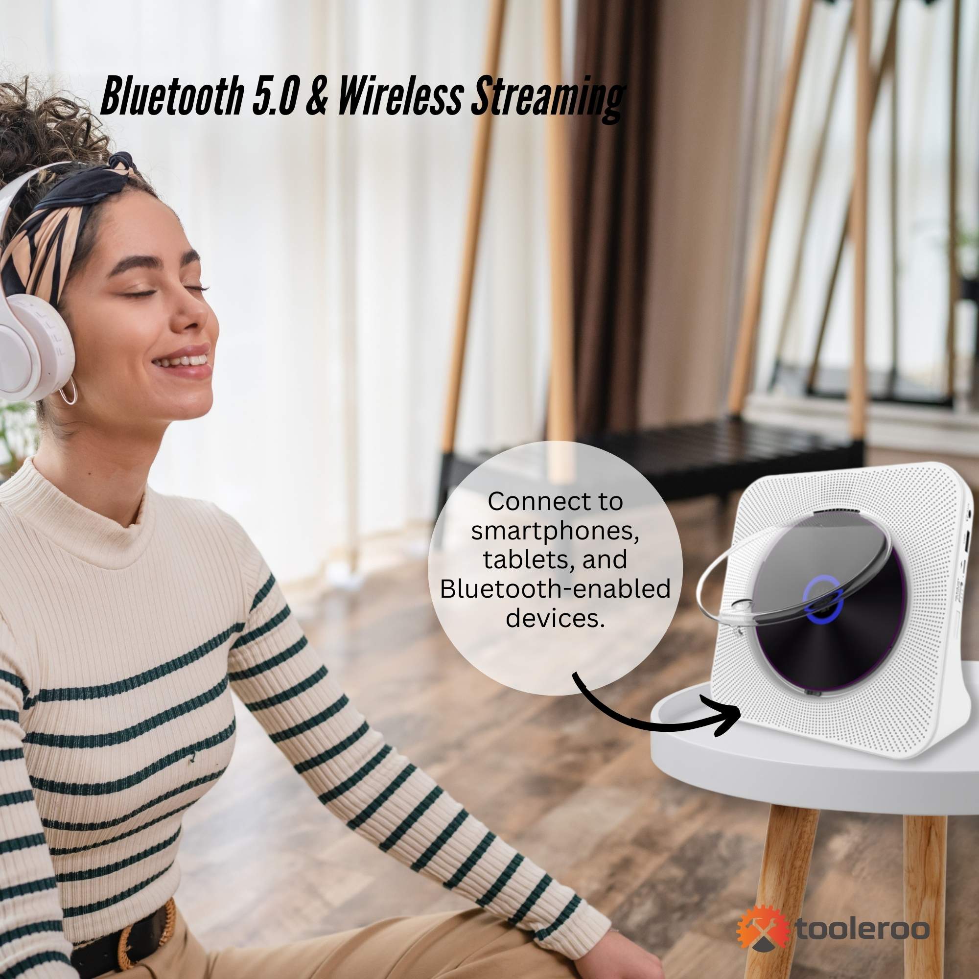 Tooleroo USB Rechargeable Desktop CD Player Speaker – Bluetooth Portable White 5