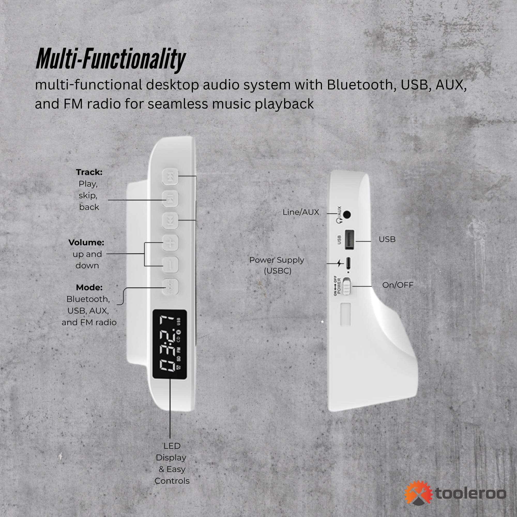 Tooleroo USB Rechargeable Desktop CD Player Speaker – Bluetooth Portable White 6