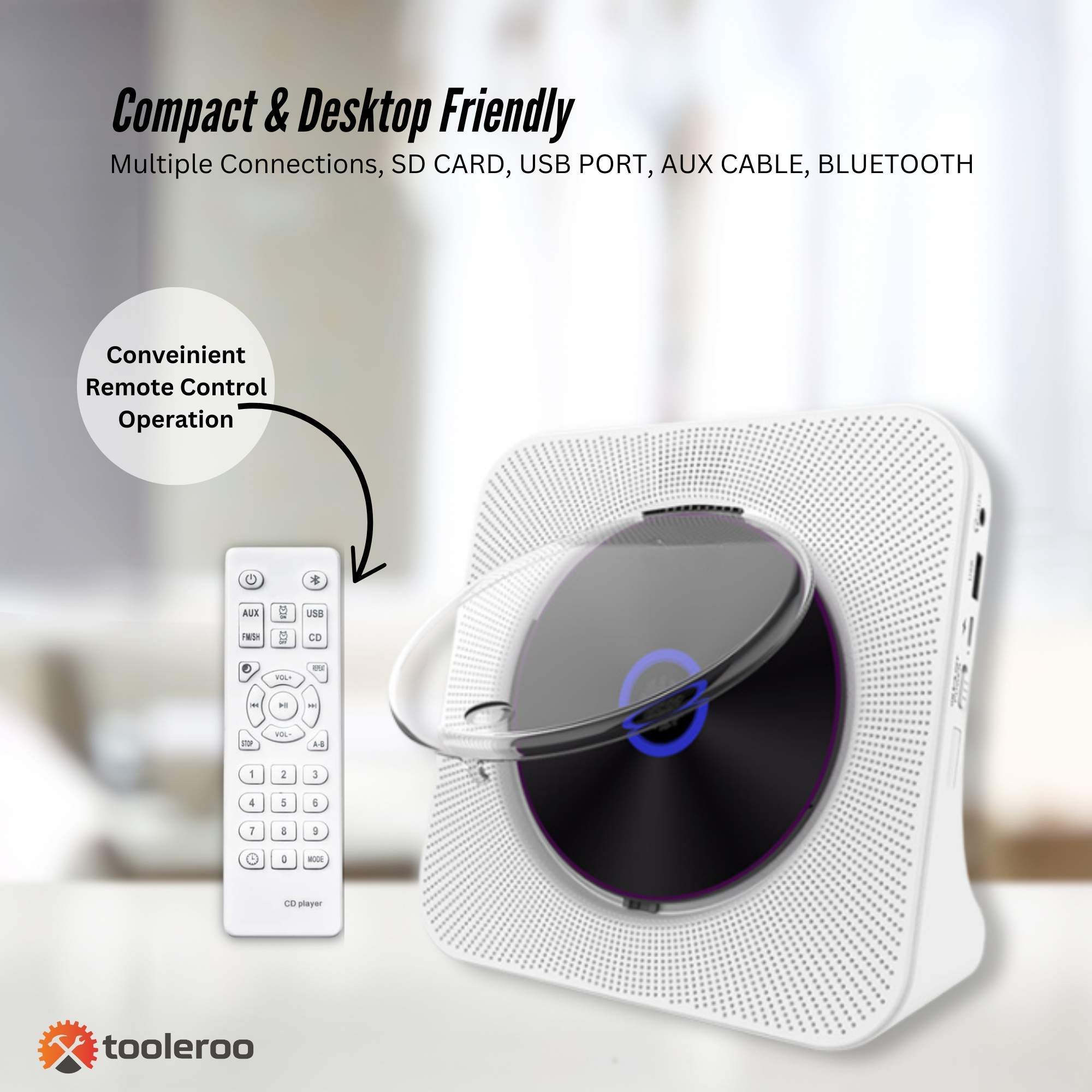 Tooleroo USB Rechargeable Desktop CD Player Speaker – Bluetooth Portable White 7