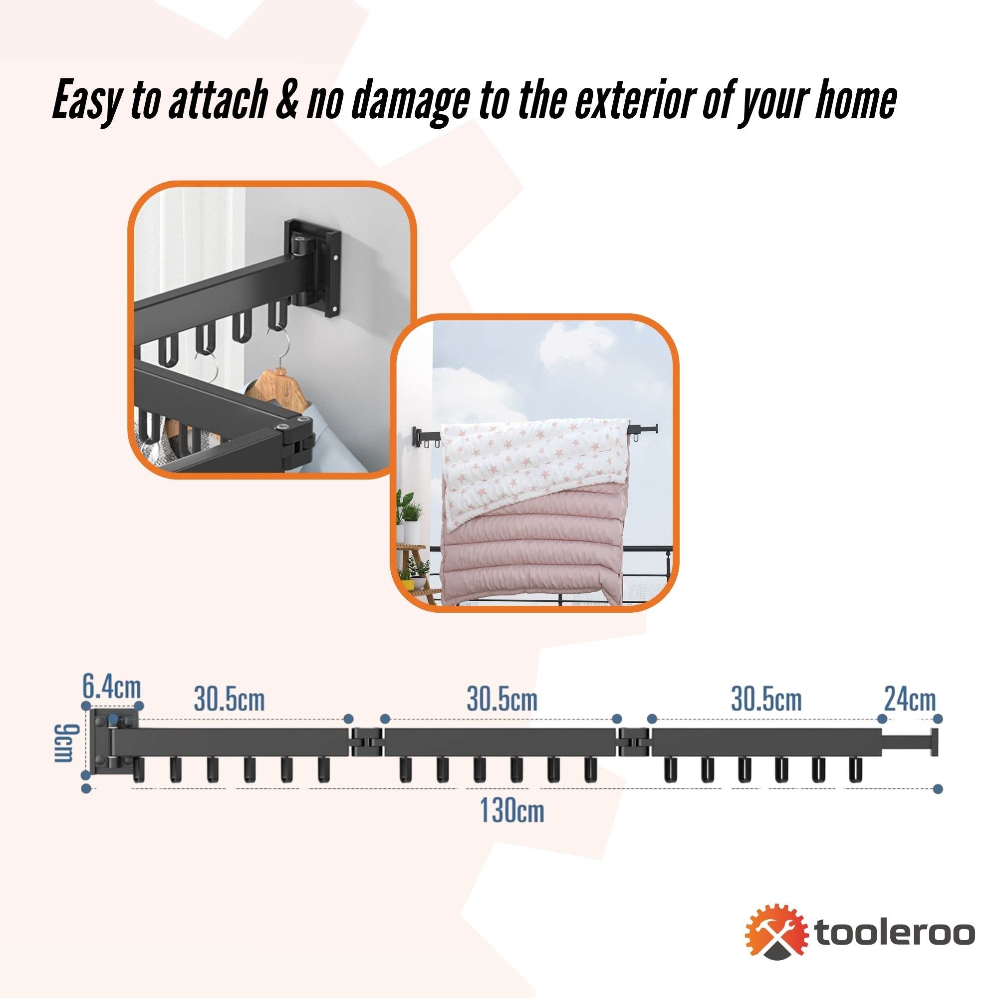 Tooleroo Clothes Drying Rack Tri-Fold Wall-Mount Space-Saving Laundry Hanger 4