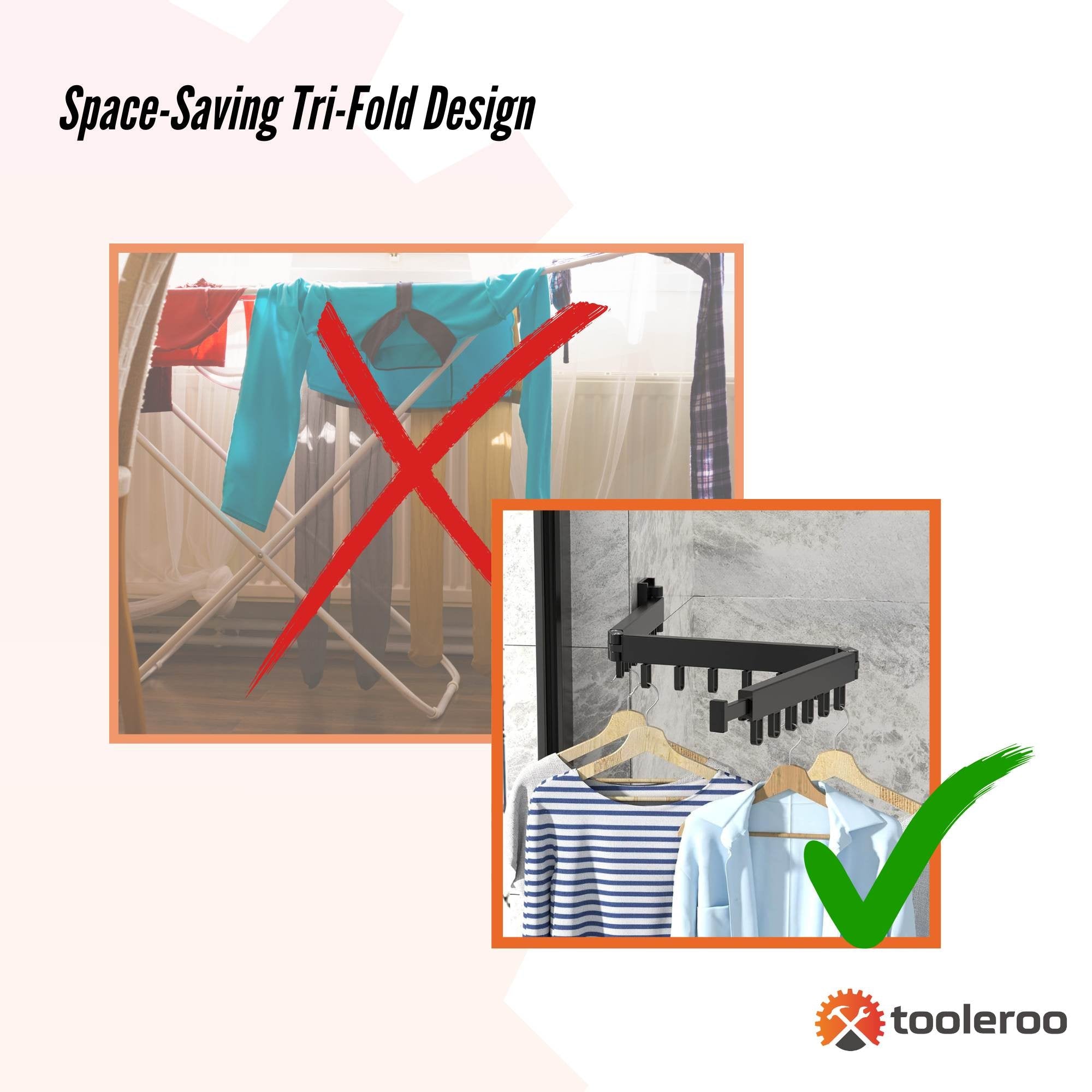 Tooleroo Clothes Drying Rack Tri-Fold Wall-Mount Space-Saving Laundry Hanger 6