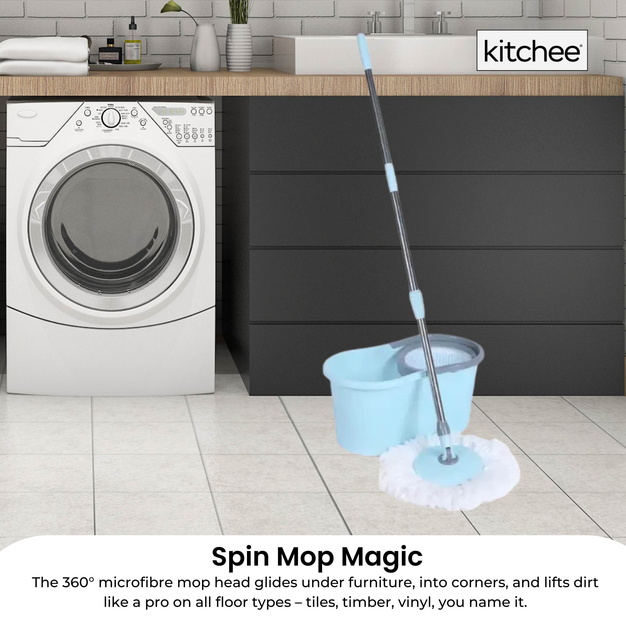 Kitchee Spin Mop & Bucket Set – Microfibre Pad, Telescopic Handle, 10L Capacity 4