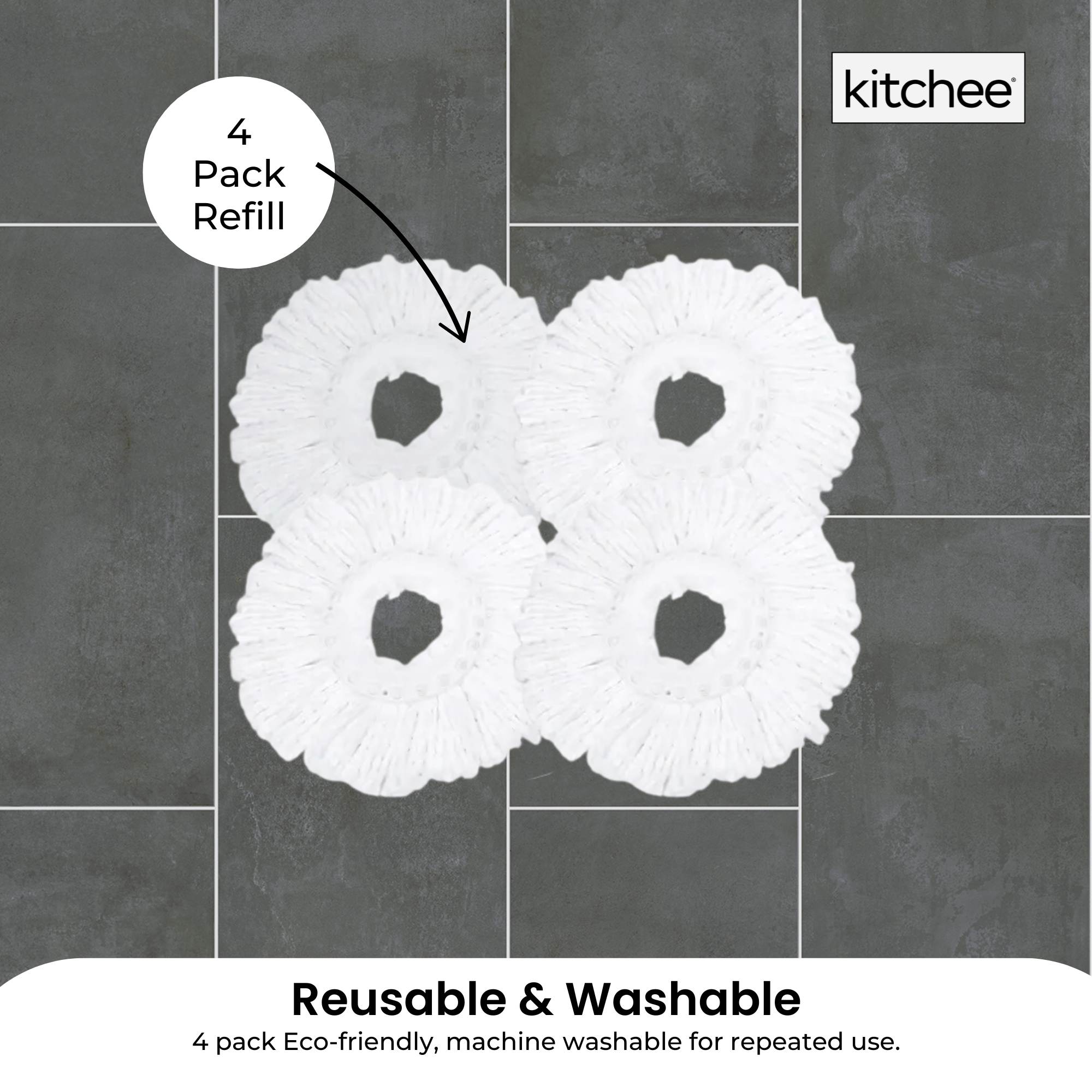 4x Kitchee Microfibre Mop Head Replacement for Kitchee Spin Mop - White Round 3
