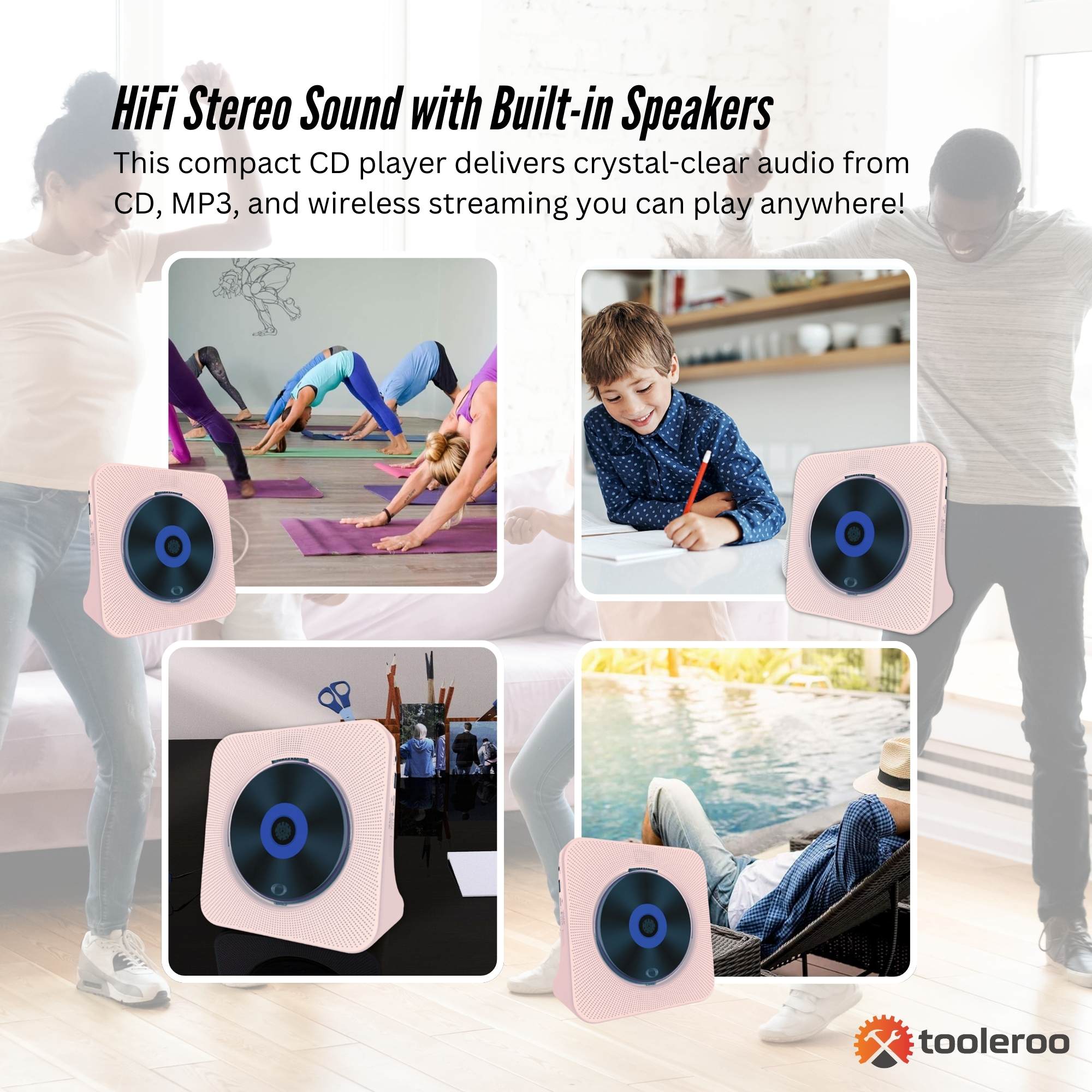 Tooleroo USB Rechargeable Desktop CD Player Speaker – Bluetooth Portable Pink 3