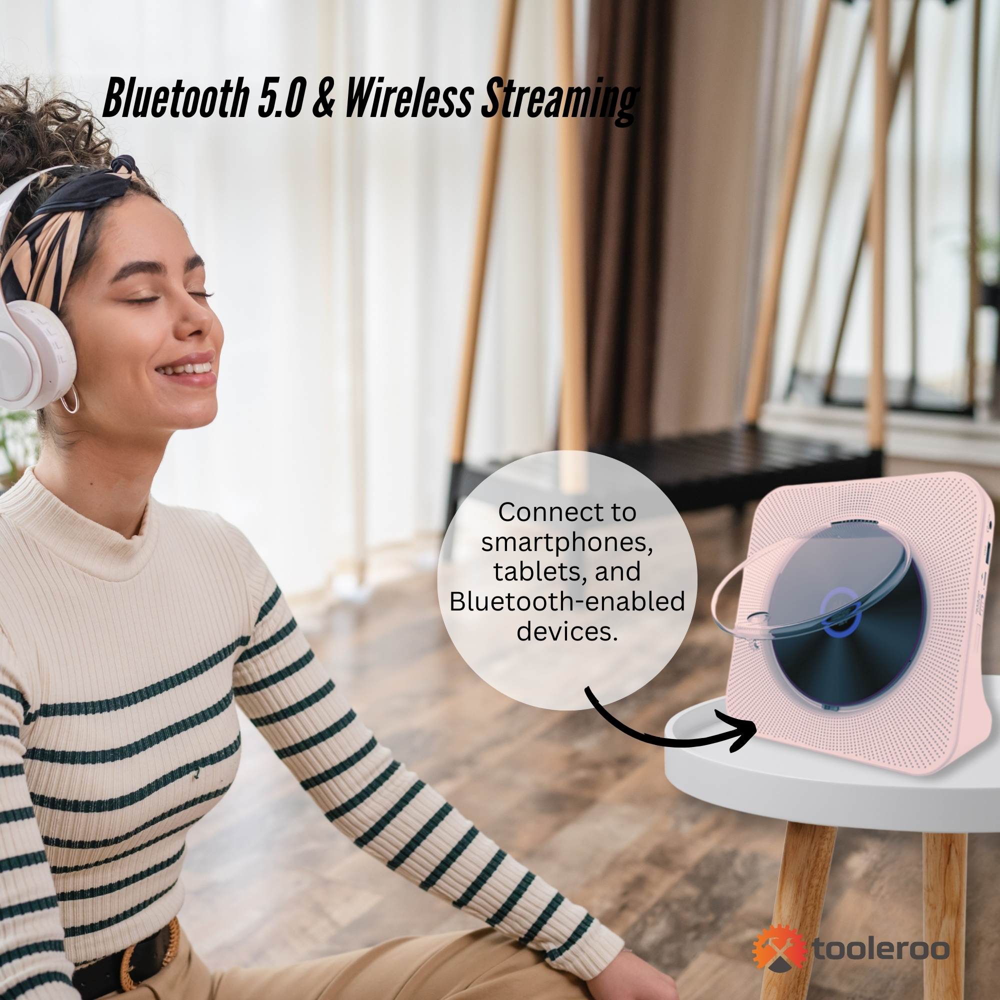 Tooleroo USB Rechargeable Desktop CD Player Speaker – Bluetooth Portable Pink 5