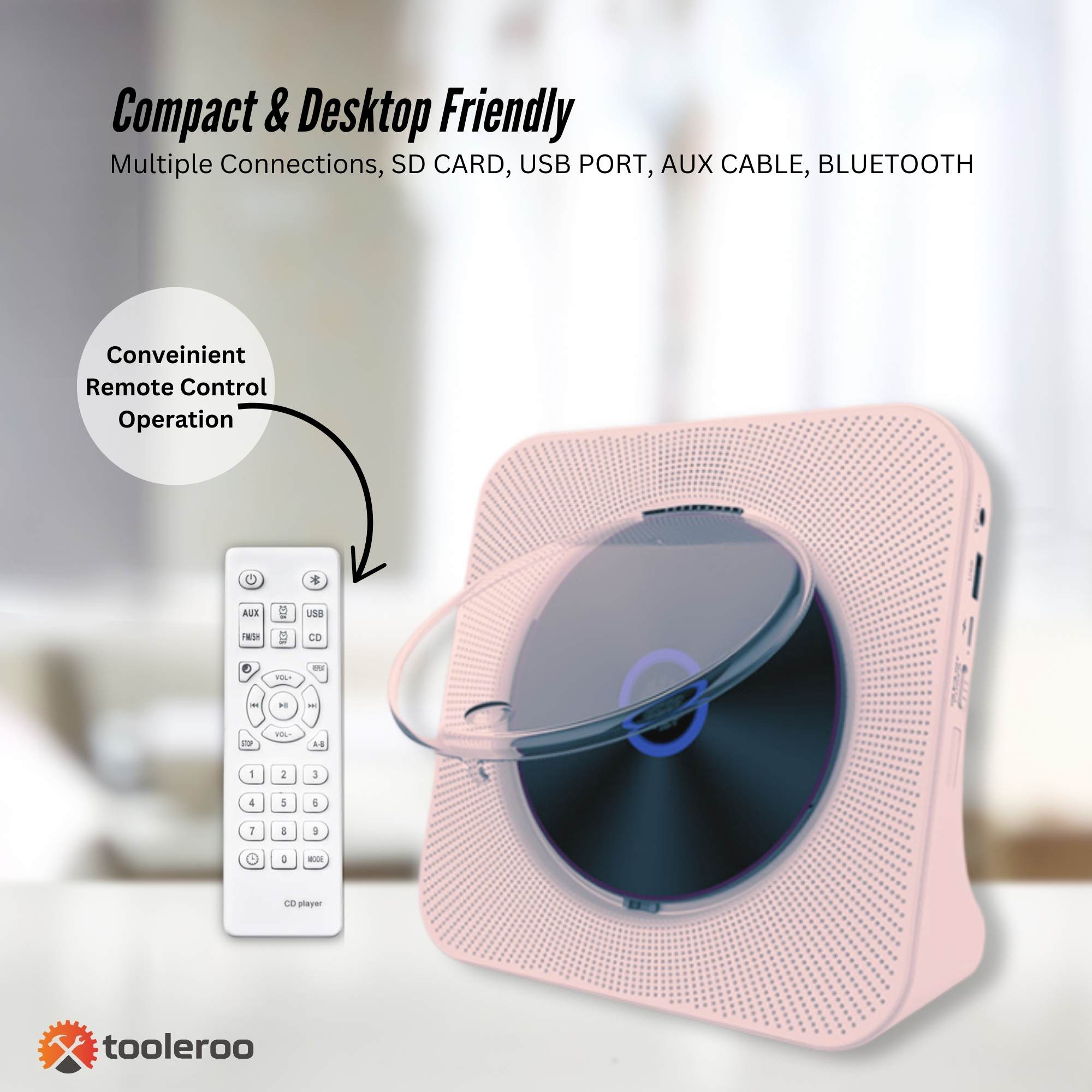 Tooleroo USB Rechargeable Desktop CD Player Speaker – Bluetooth Portable Pink 7