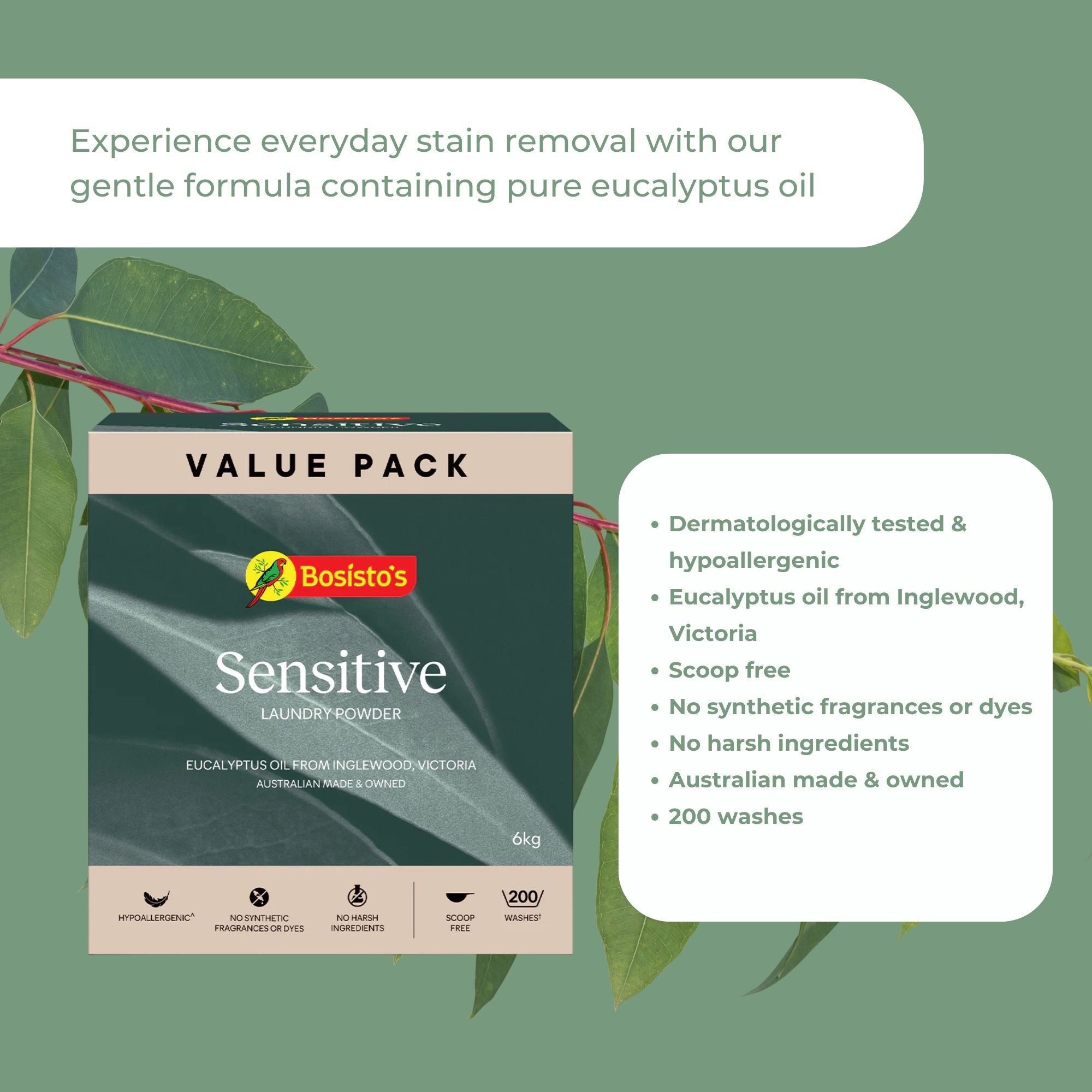 Bosisto's 6Kg Senstive Laundry Powder Refill - Eco Eucalyptus Washing Detergent 3