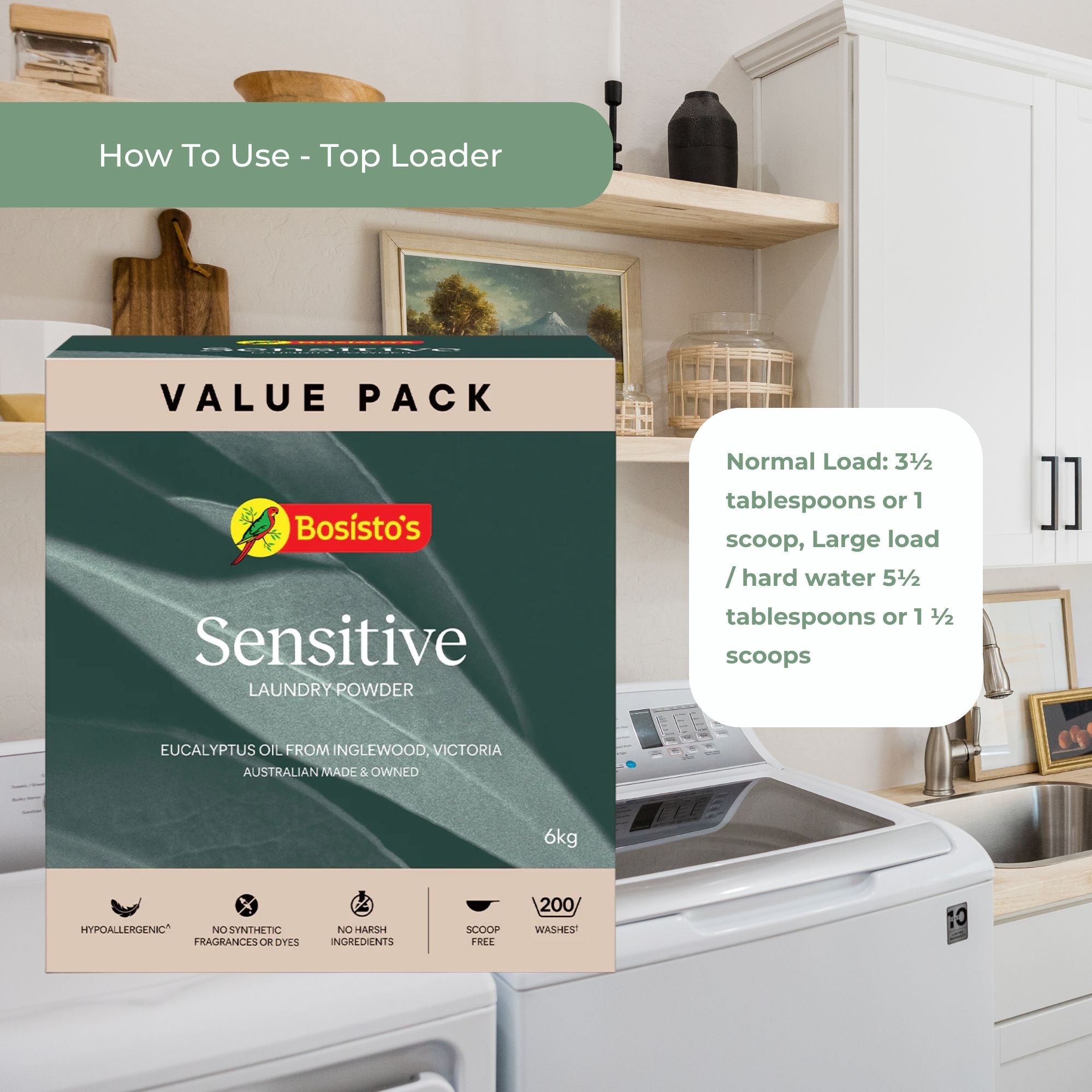 Bosisto's 6Kg Senstive Laundry Powder Refill - Eco Eucalyptus Washing Detergent 6