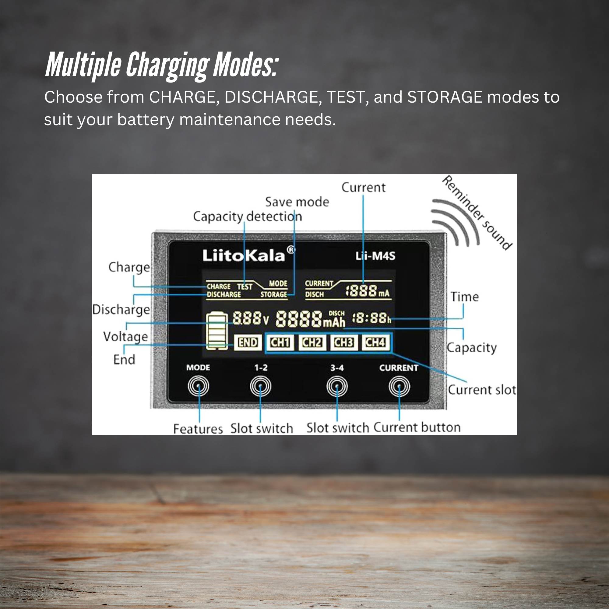 LiitoKala Lii-M4S Battery Charger LCD 4-Slot USB Li-ion NiMH Test Discharge Mode 5