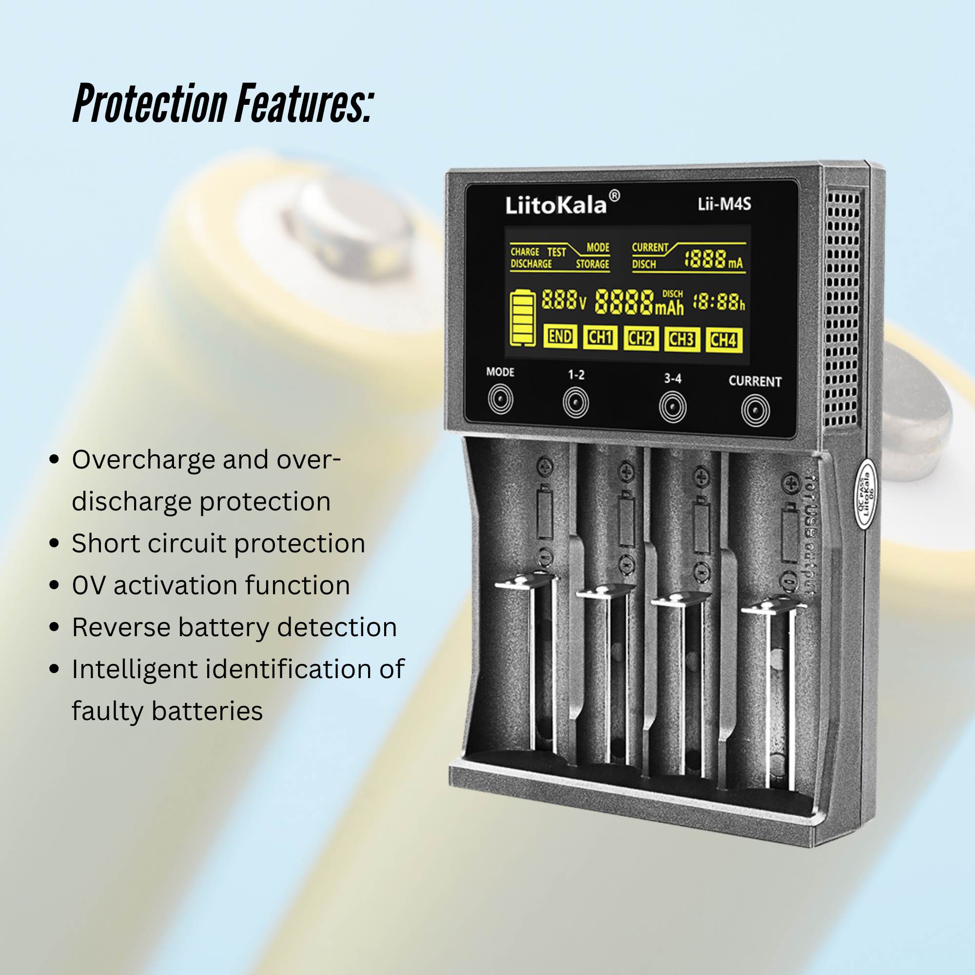 LiitoKala Lii-M4S Battery Charger LCD 4-Slot USB Li-ion NiMH Test Discharge Mode 6