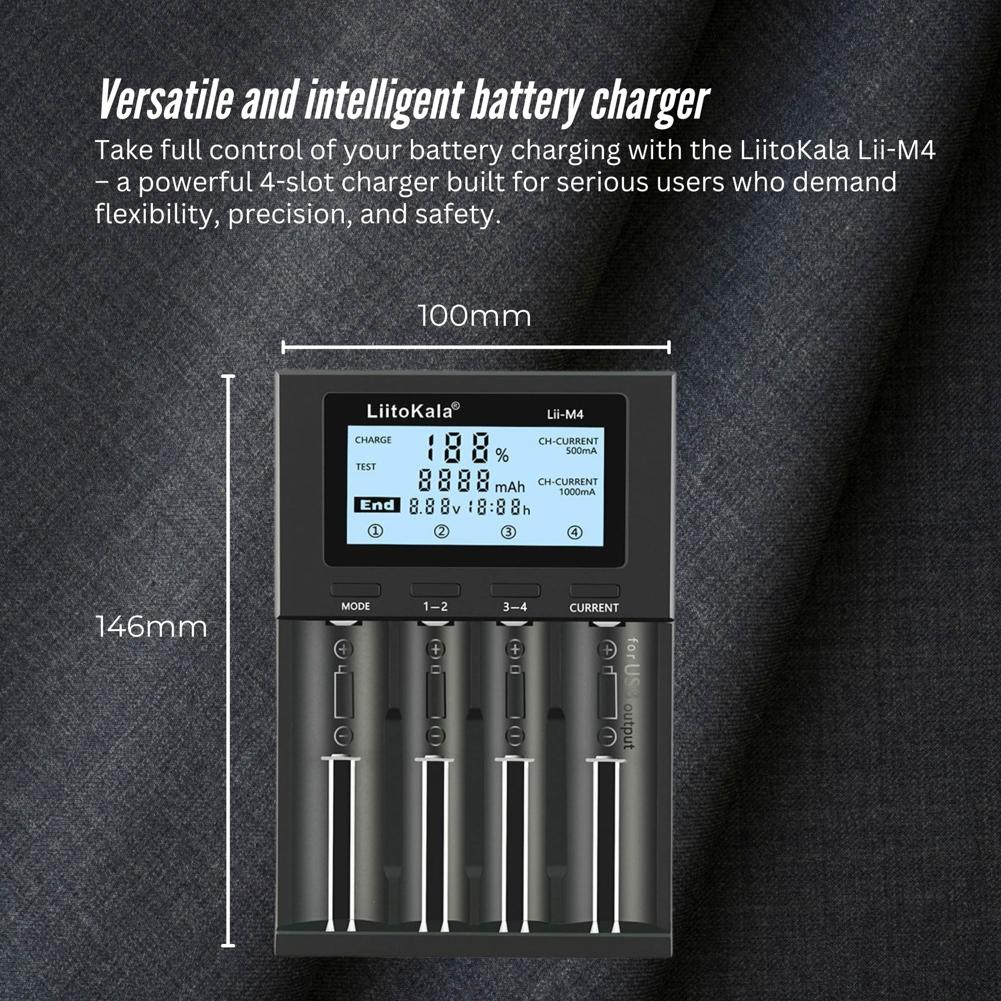 LiitoKala Lii-M4 Smart Battery Charger LCD - 4-Slot USB for 18650 AA AAA Li-ion 3