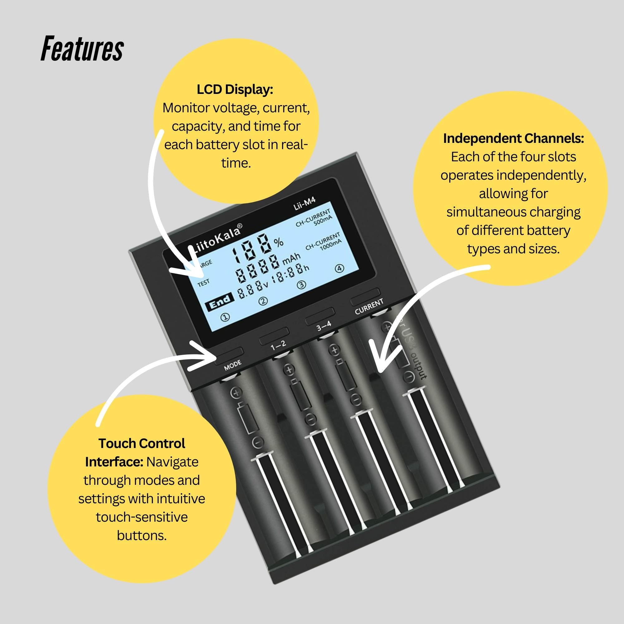 LiitoKala Lii-M4 Smart Battery Charger LCD - 4-Slot USB for 18650 AA AAA Li-ion 5