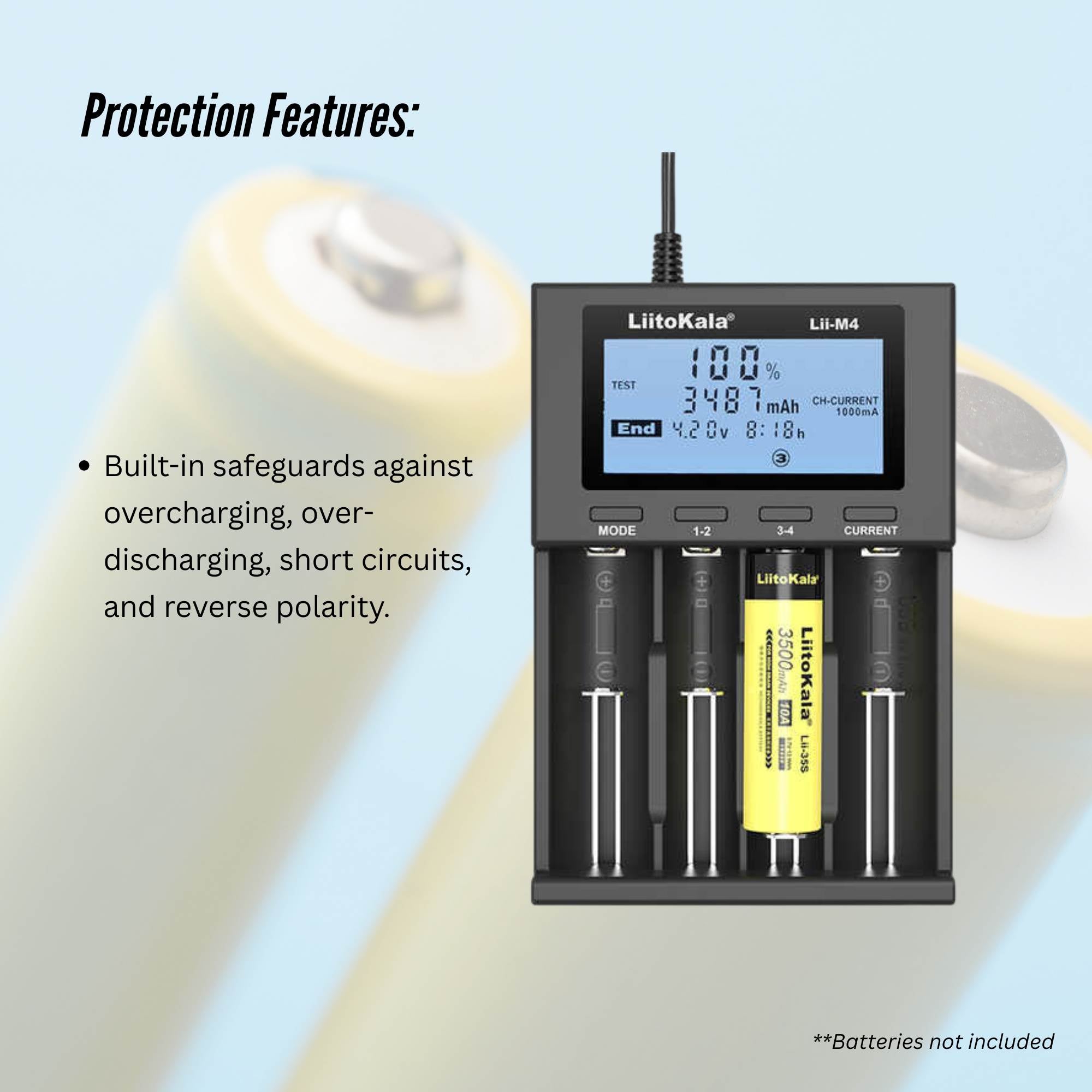 LiitoKala Lii-M4 Smart Battery Charger LCD - 4-Slot USB for 18650 AA AAA Li-ion 8