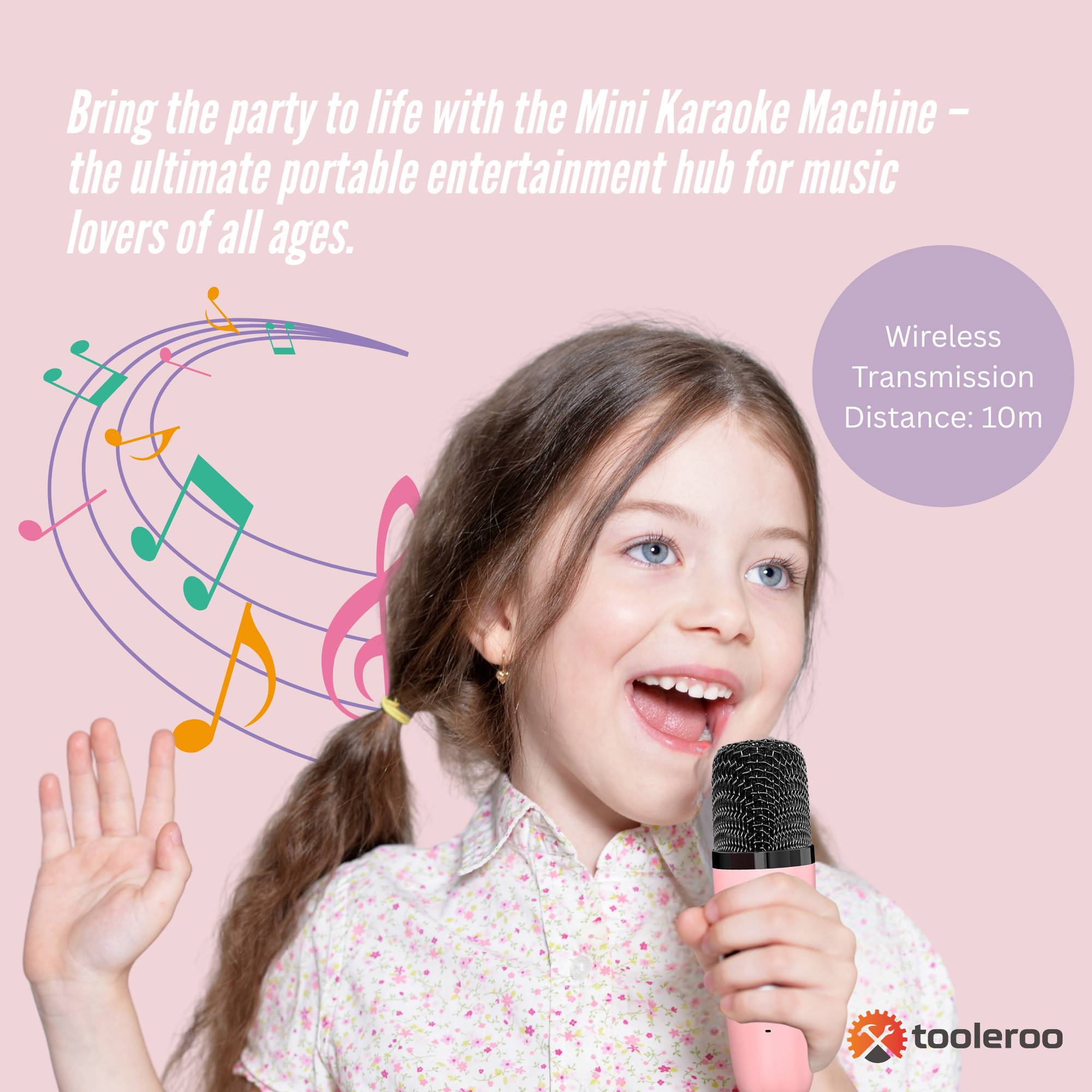 Mini Karaoke Machine and 2x Wireless Microphones Portable Bluetooth Speaker Pink 3
