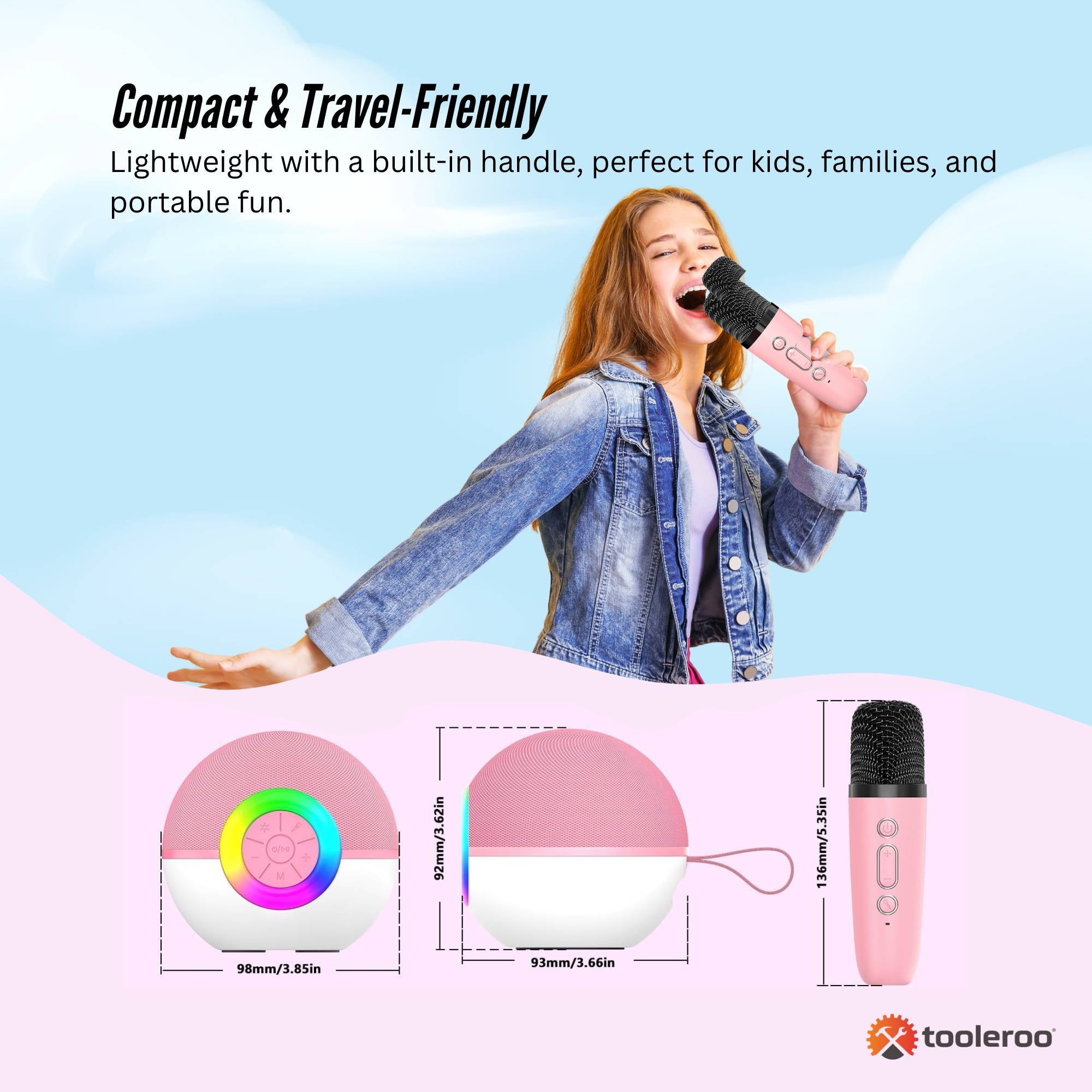 Mini Karaoke Machine and 2x Wireless Microphones Portable Bluetooth Speaker Pink 4