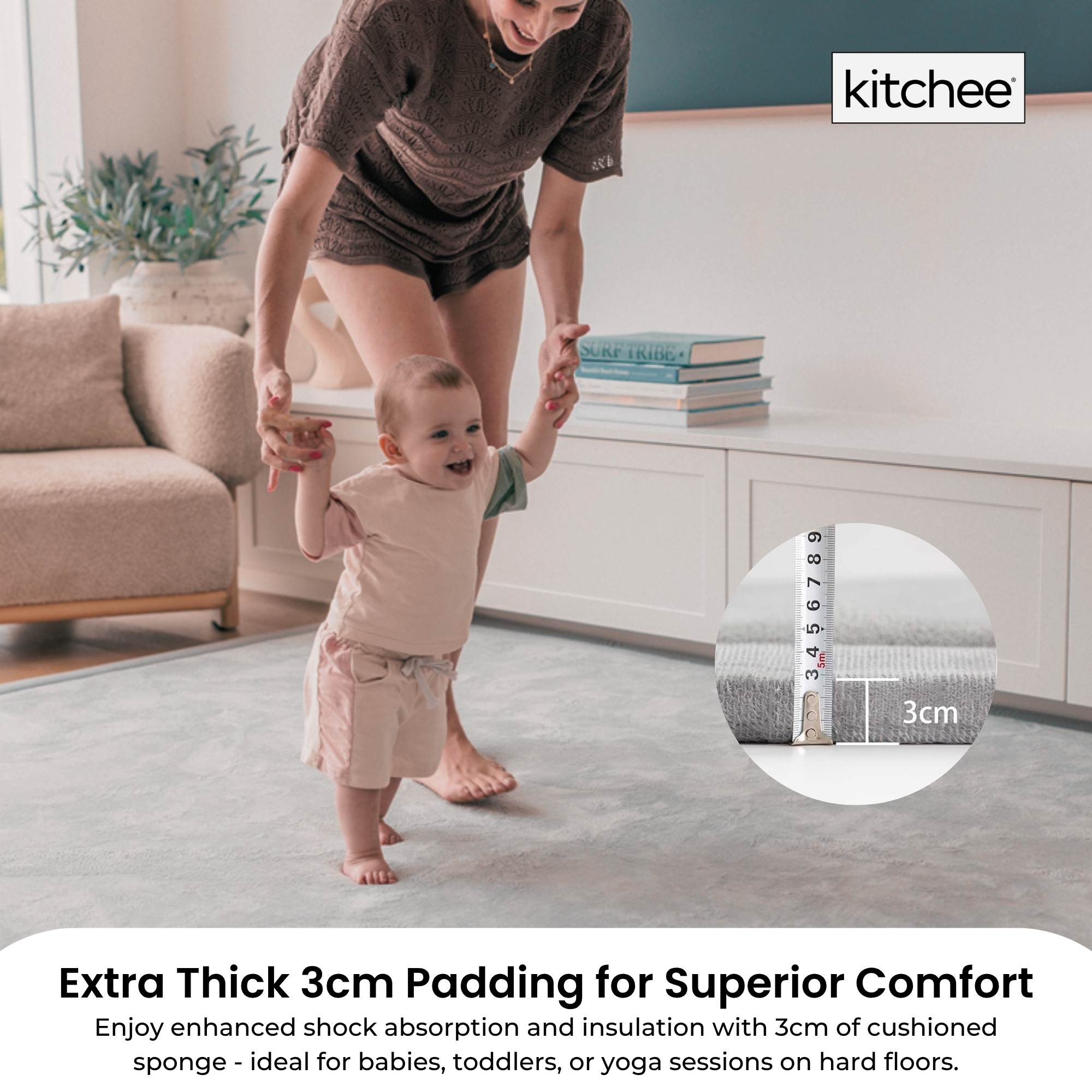 Kitchee Kids Foam Floor Play Mat 150x200cm – Padded Thick Soft Tatami Style Grey 3