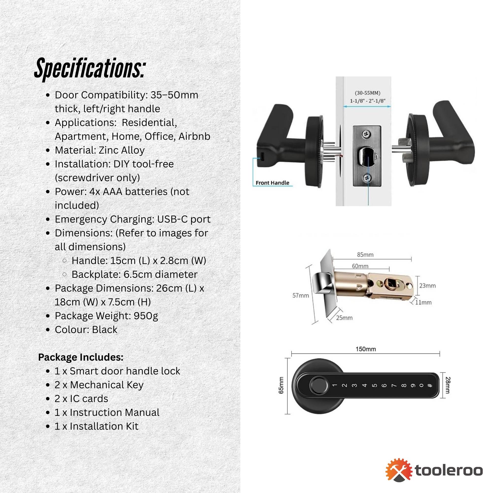 Tooleroo Digital Smart Door Lock Handle - 5in1 Keypad Home Entry Security System 9