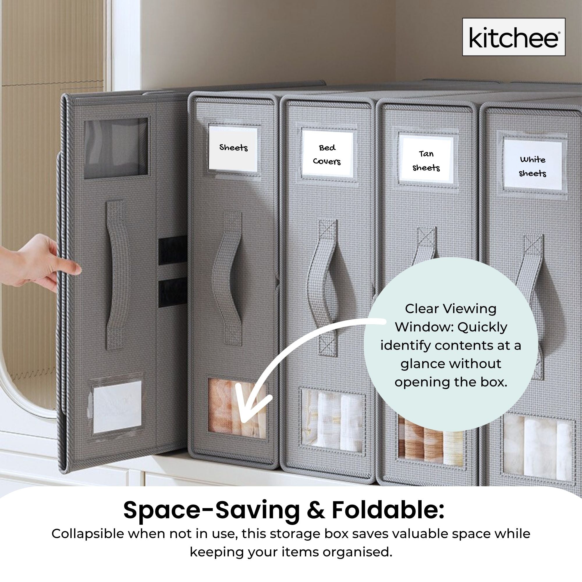 1x Kitchee Foldable Bed Sheet Storage Box – Linen & Closet Organiser Grey 4