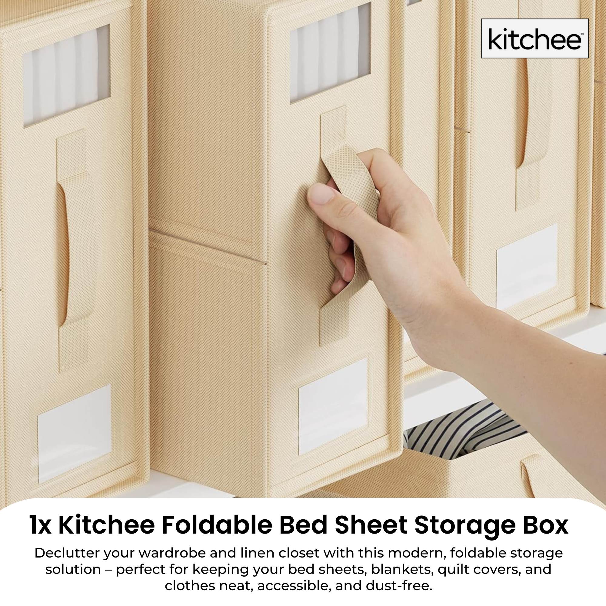 1x Kitchee Foldable Bed Sheet Storage Box – Linen & Closet Organiser Beige