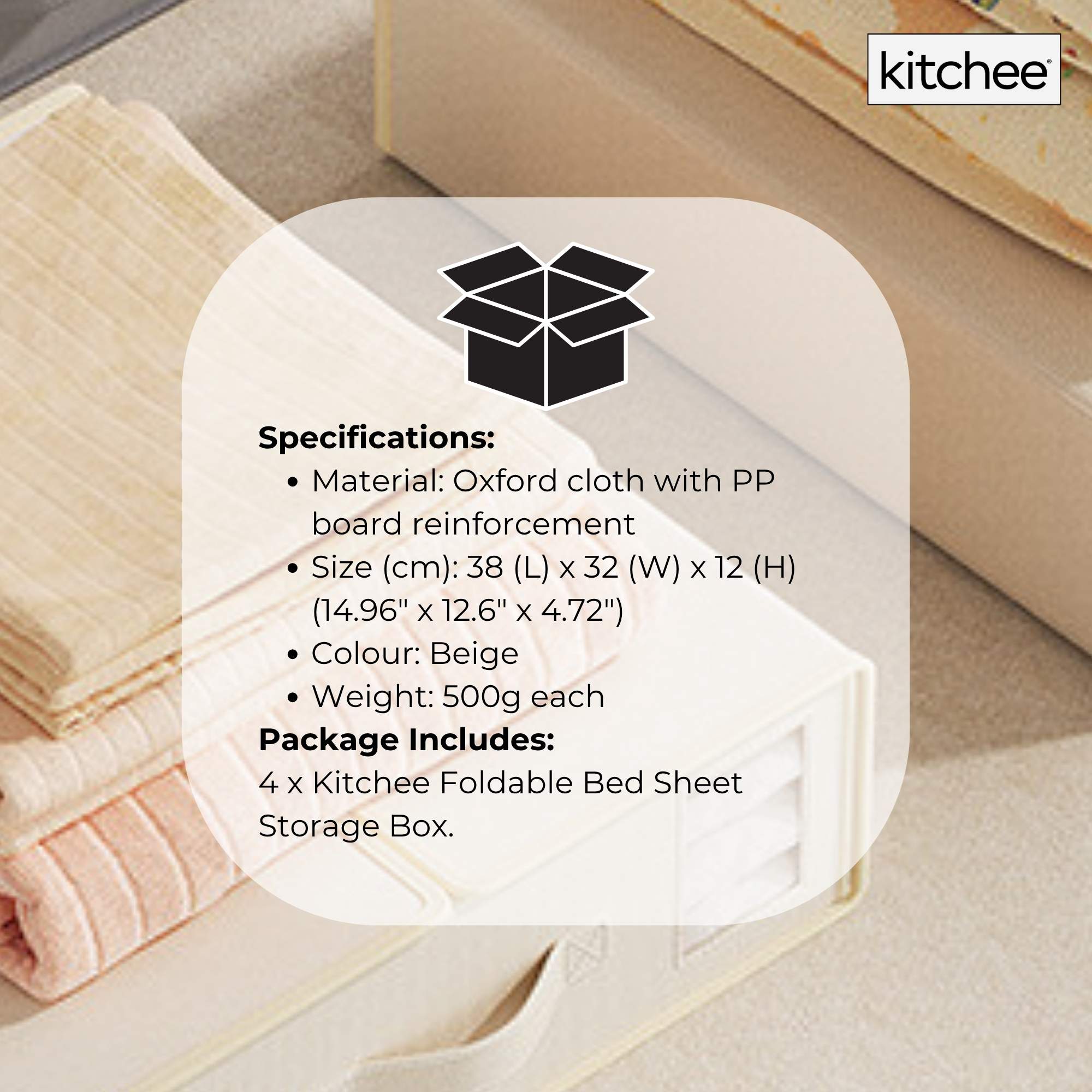 4x Kitchee Foldable Bed Sheet Storage Box – Linen & Closet Organiser Beige 8