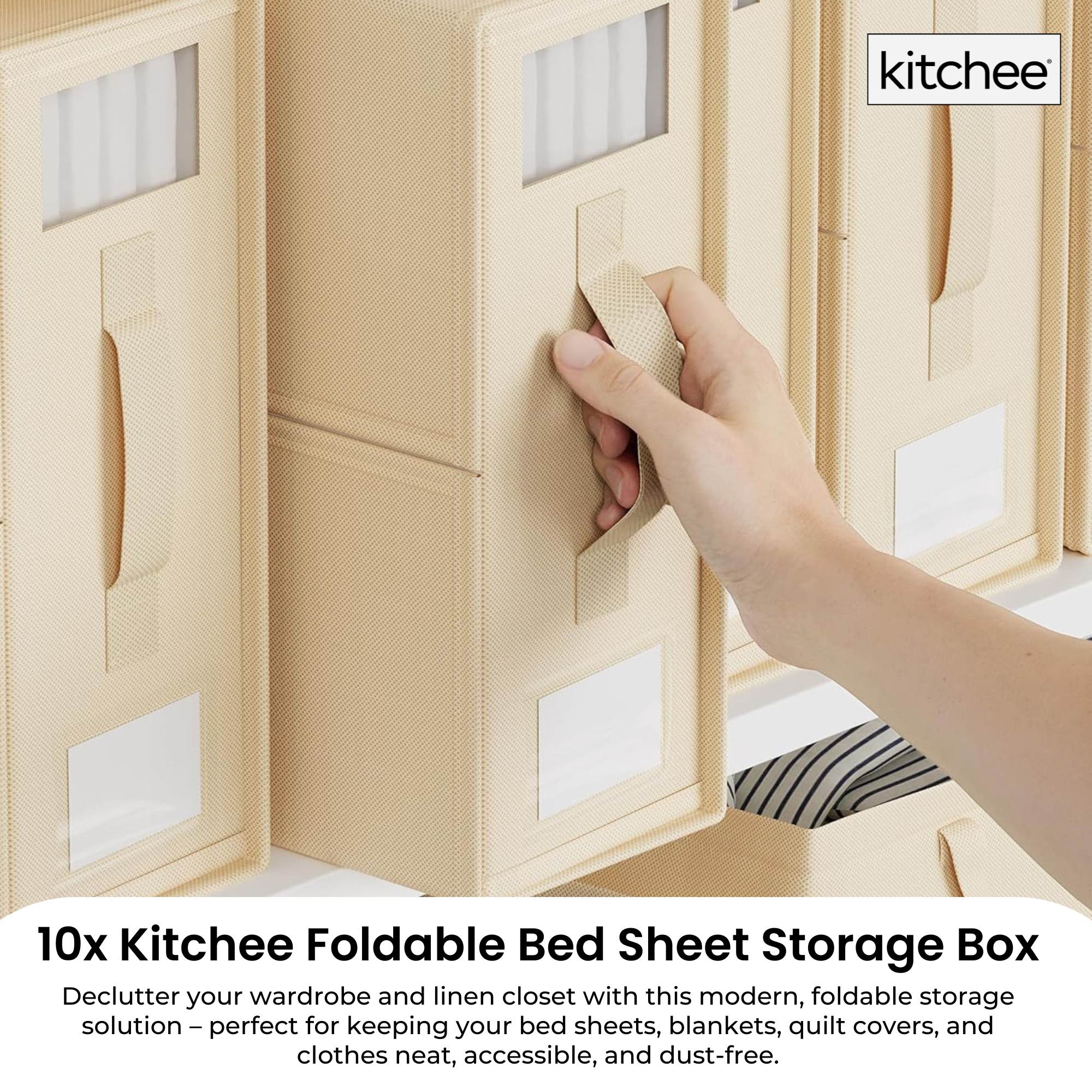 10x Kitchee Foldable Bed Sheet Storage Box – Linen & Closet Organiser Beige