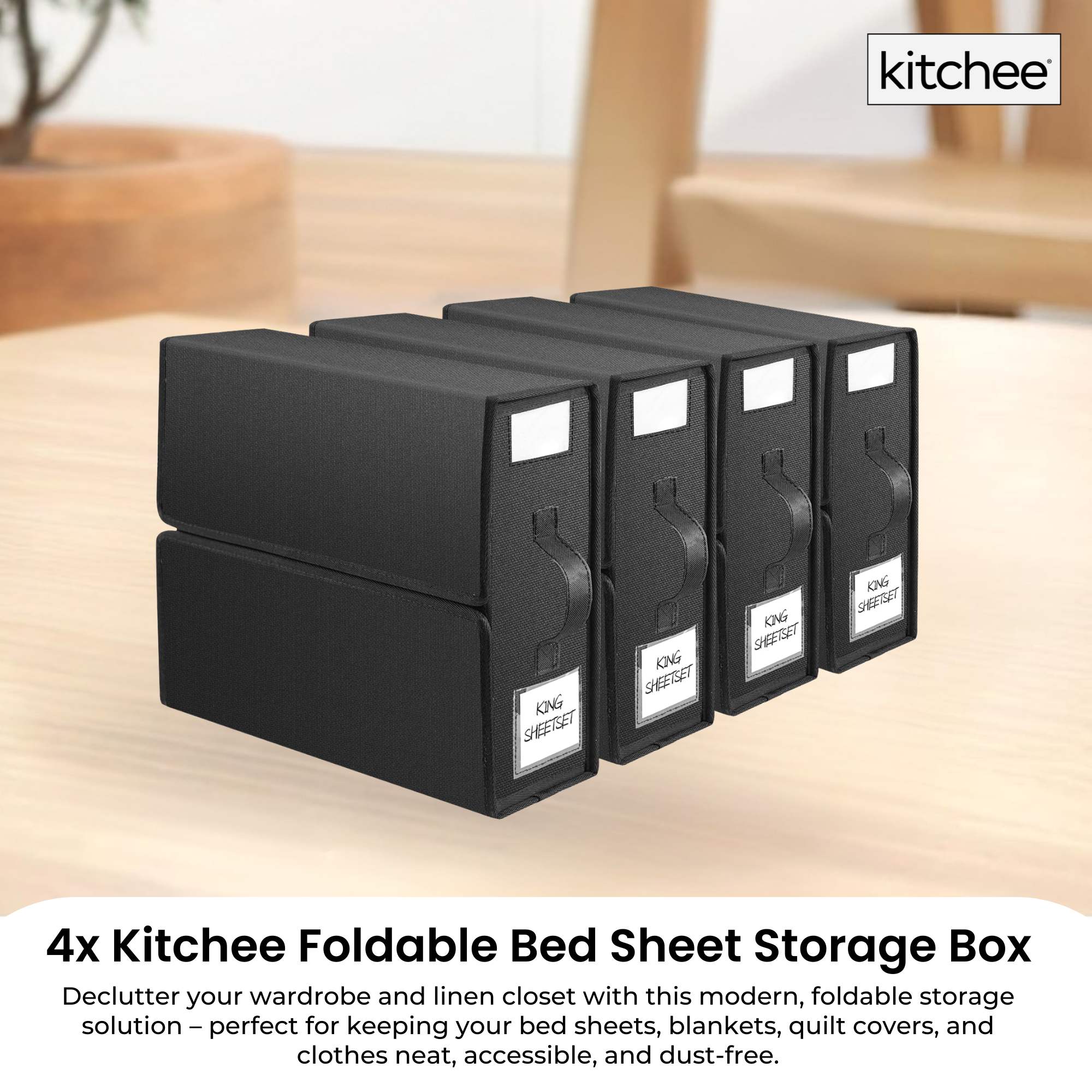 4x Kitchee Foldable Bed Sheet Storage Box – Linen & Closet Organiser Black