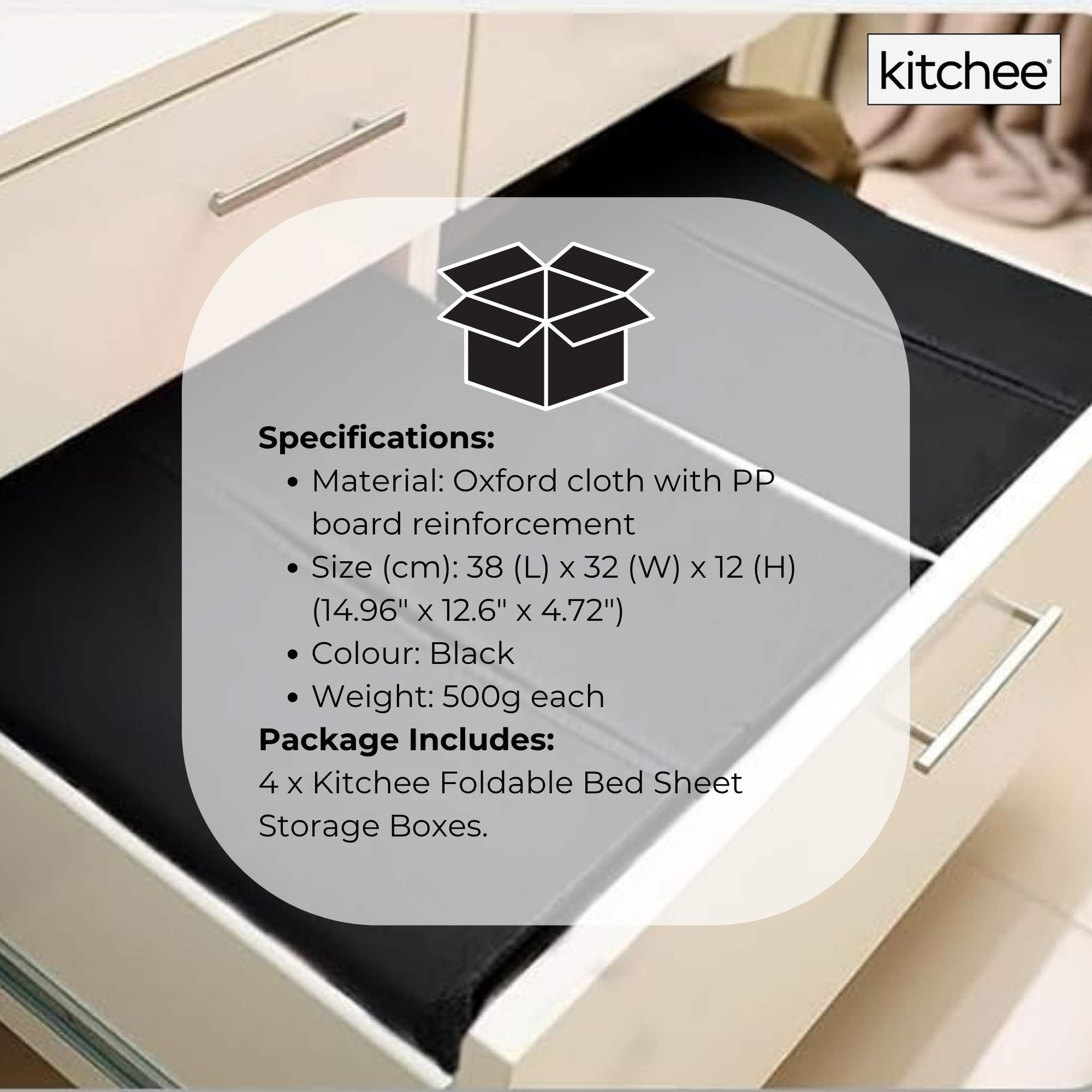 4x Kitchee Foldable Bed Sheet Storage Box – Linen & Closet Organiser Black 8