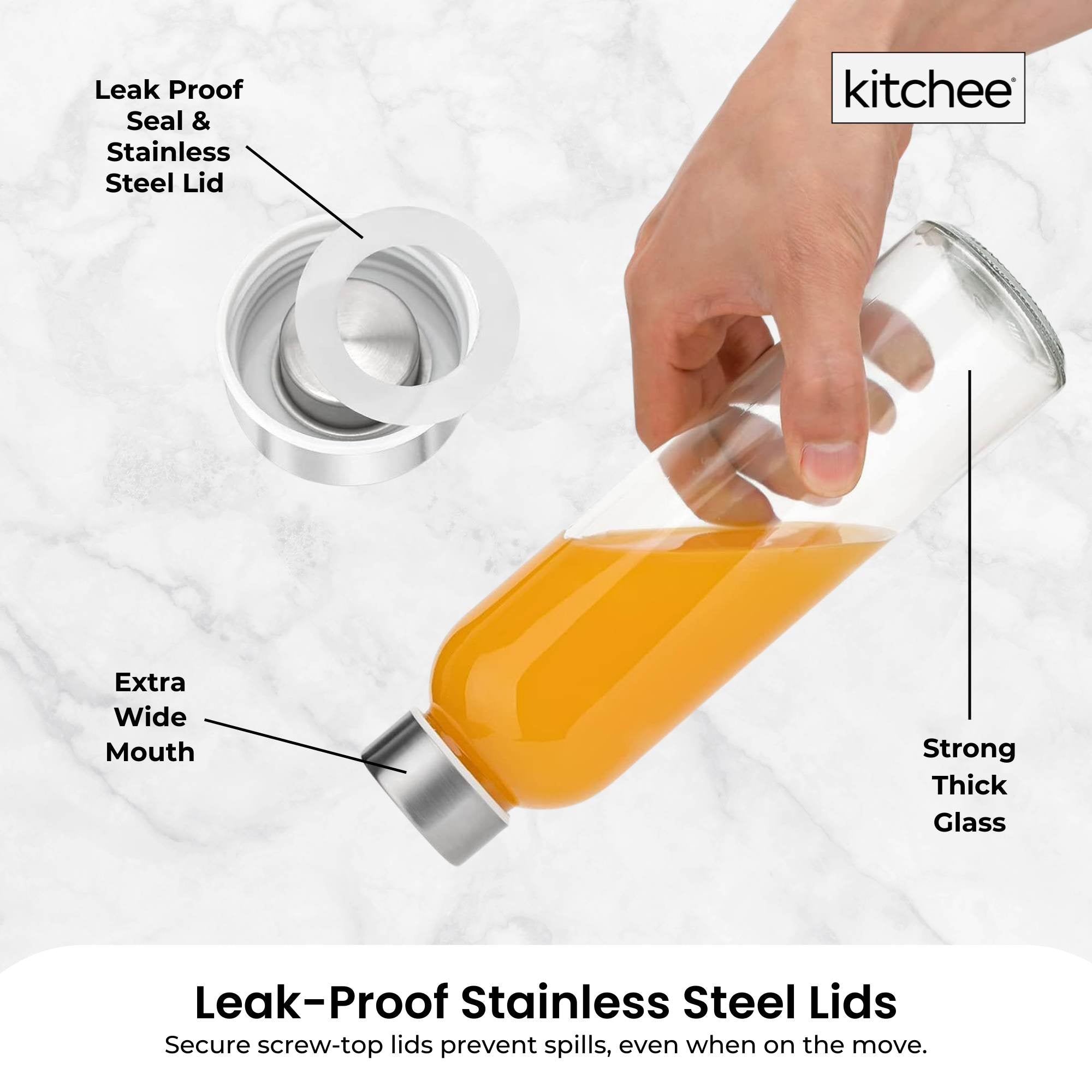 Kitchee 500ml Glass Water Bottle with Stainless Steel Lid - Set of 6 Drink Bottles 4