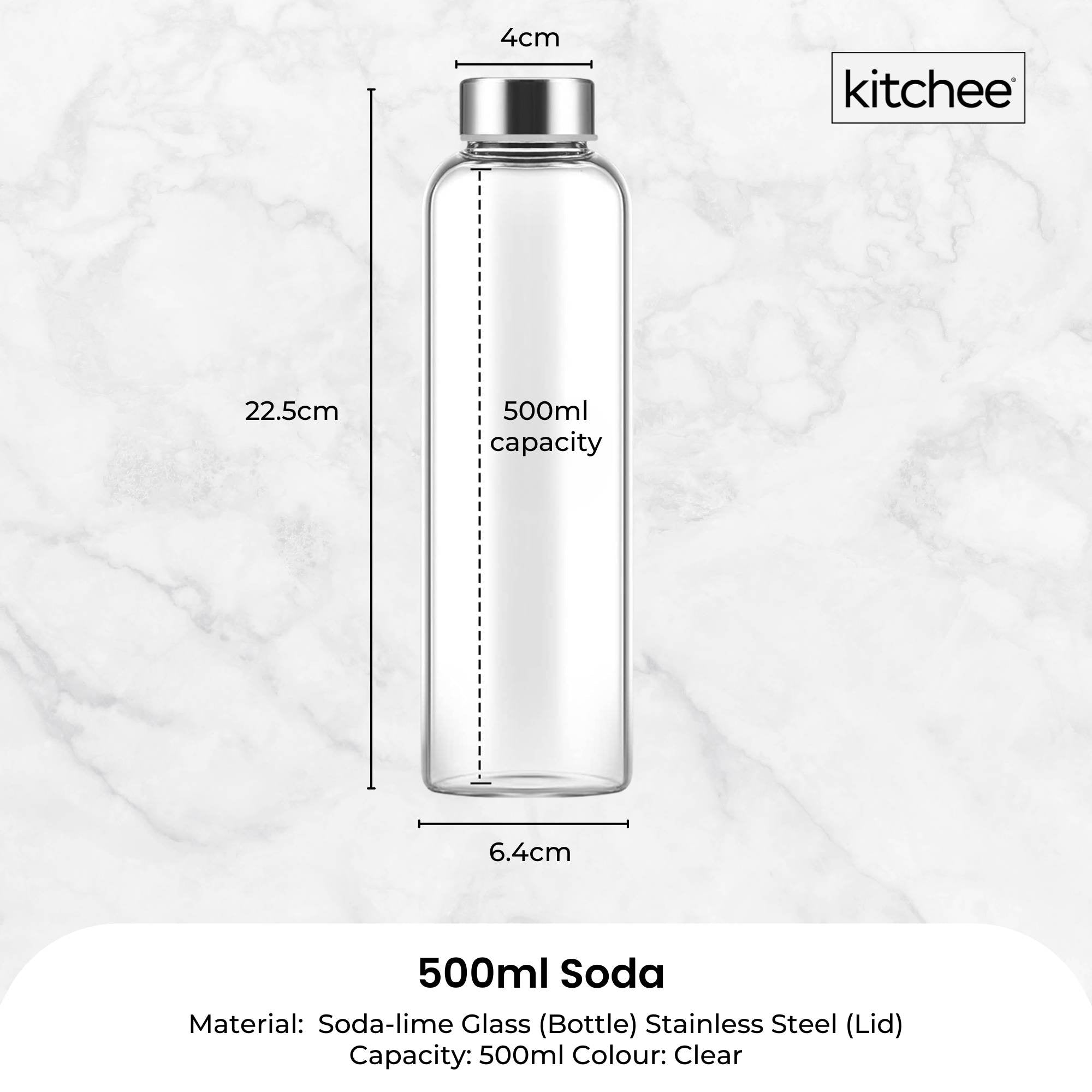 Kitchee 500ml Glass Water Bottle with Stainless Steel Lid - Set of 6 Drink Bottles 6