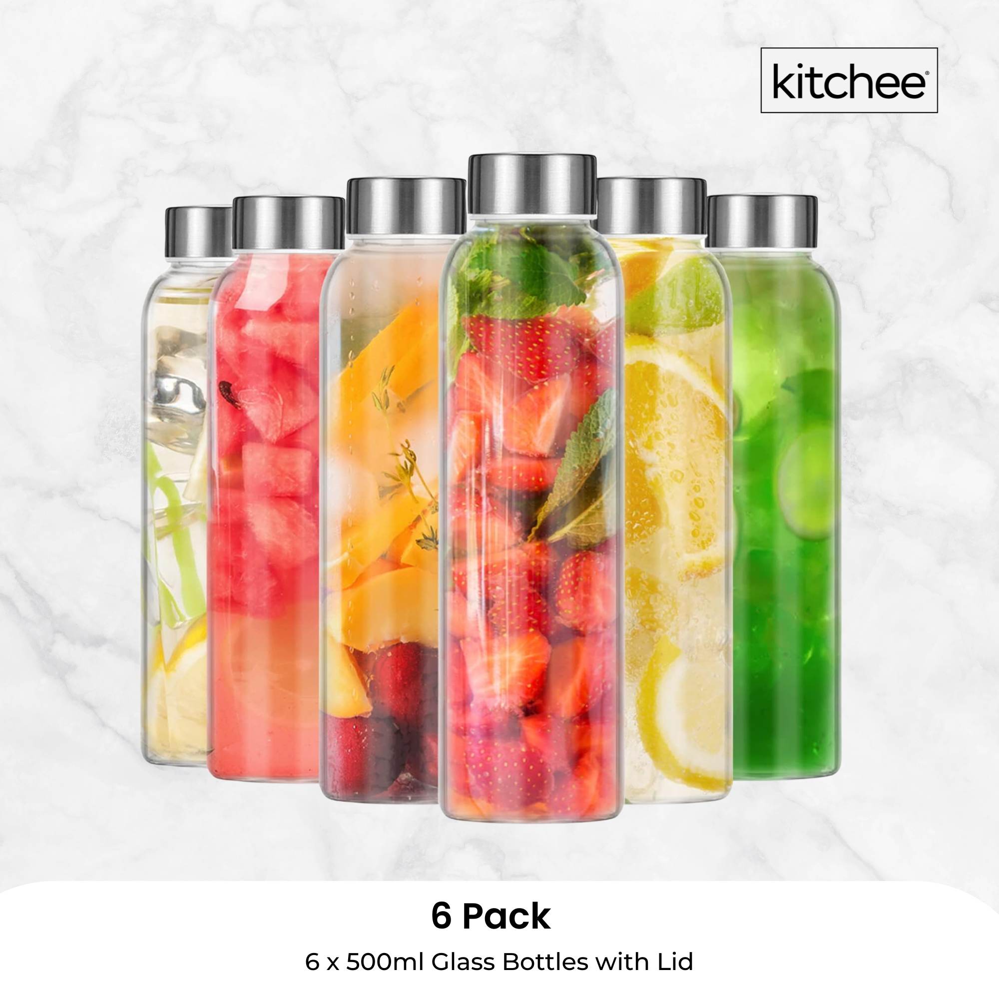 Kitchee 500ml Glass Water Bottle with Stainless Steel Lid - Set of 6 Drink Bottles 8