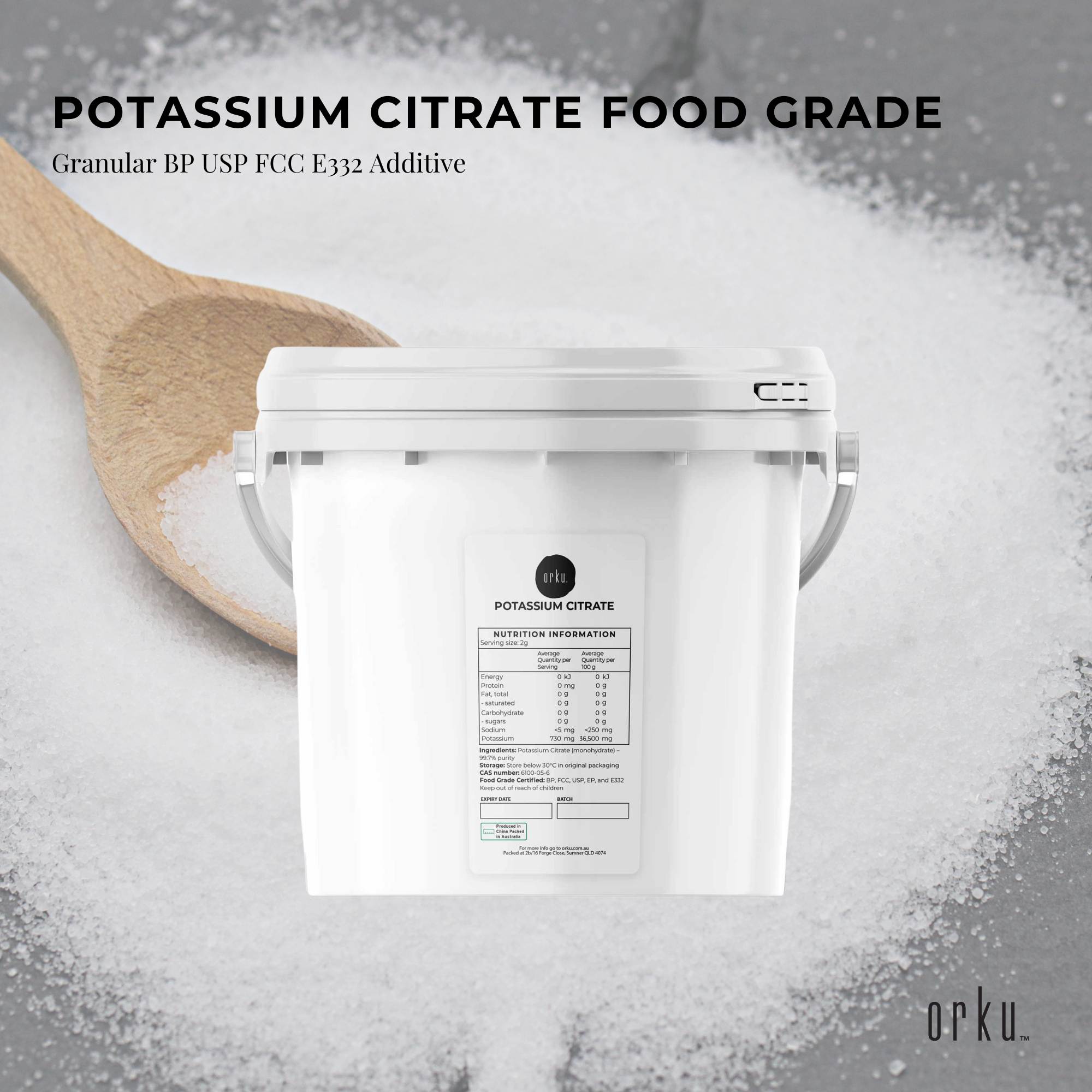 Orku 5Kg Potassium Citrate Food Grade Tub - Granular BP USP FCC E332 Additive