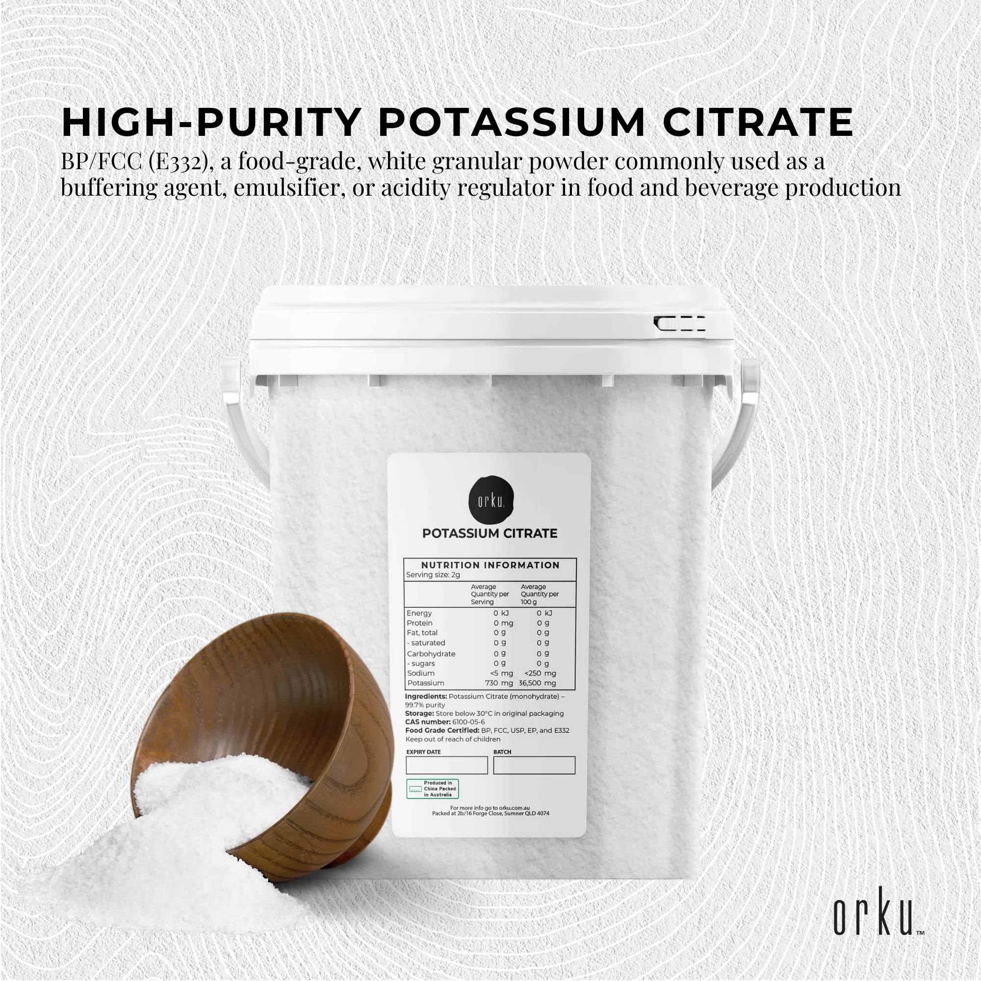 Orku 1.3Kg Potassium Citrate Food Grade Tub - Granular BP USP FCC E332 Additive 3