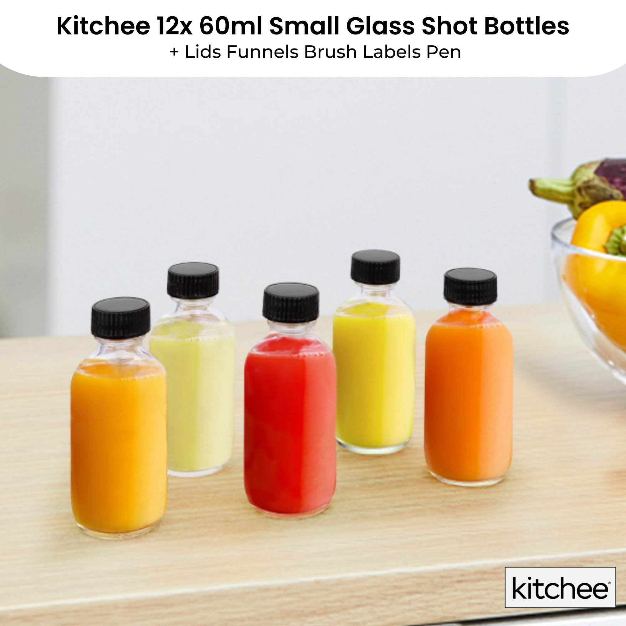 Kitchee 12x 60ml Small Glass Bottles + Lids Funnels Brush Labels Pen