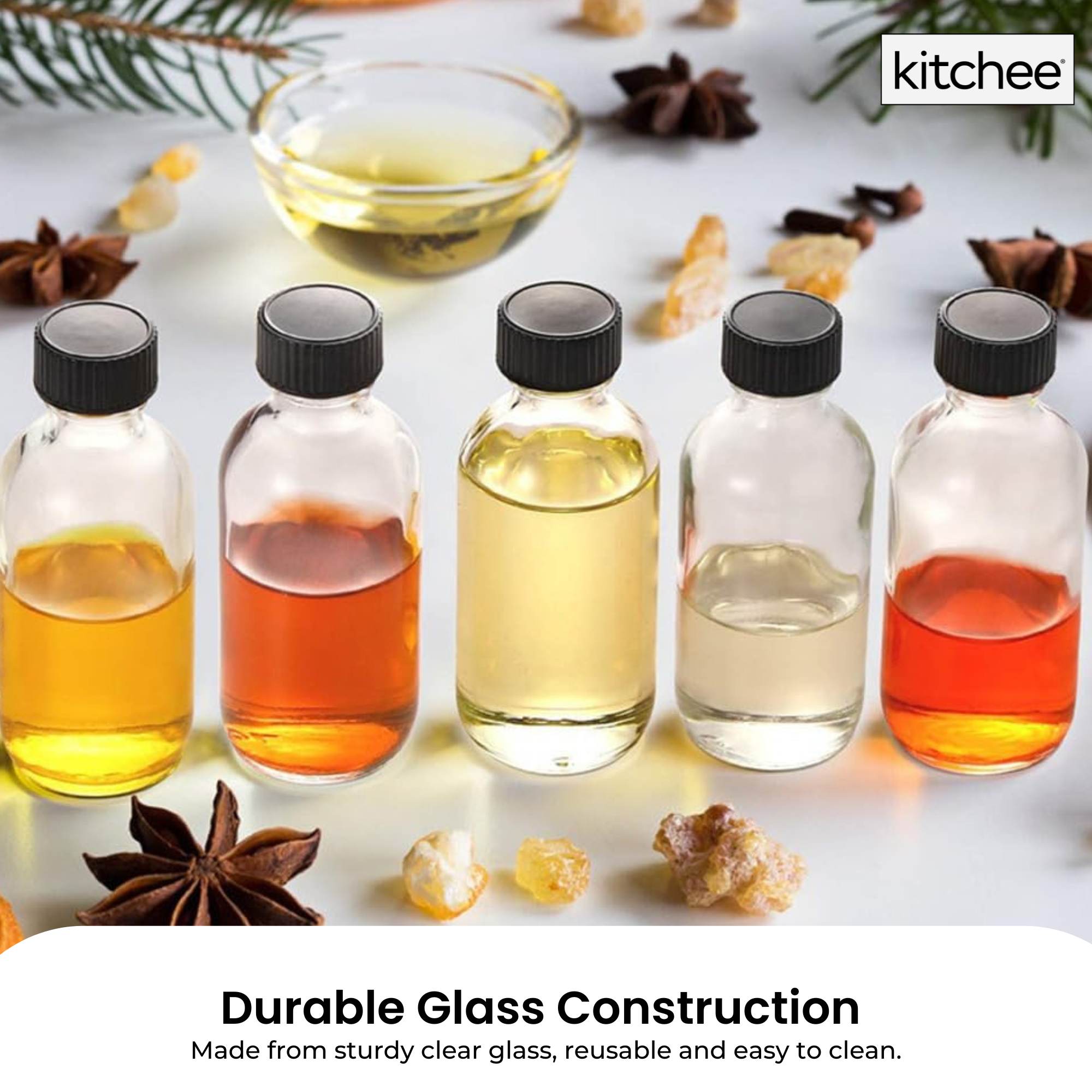 Kitchee 12x 60ml Small Glass Bottles + Lids Funnels Brush Labels Pen 3