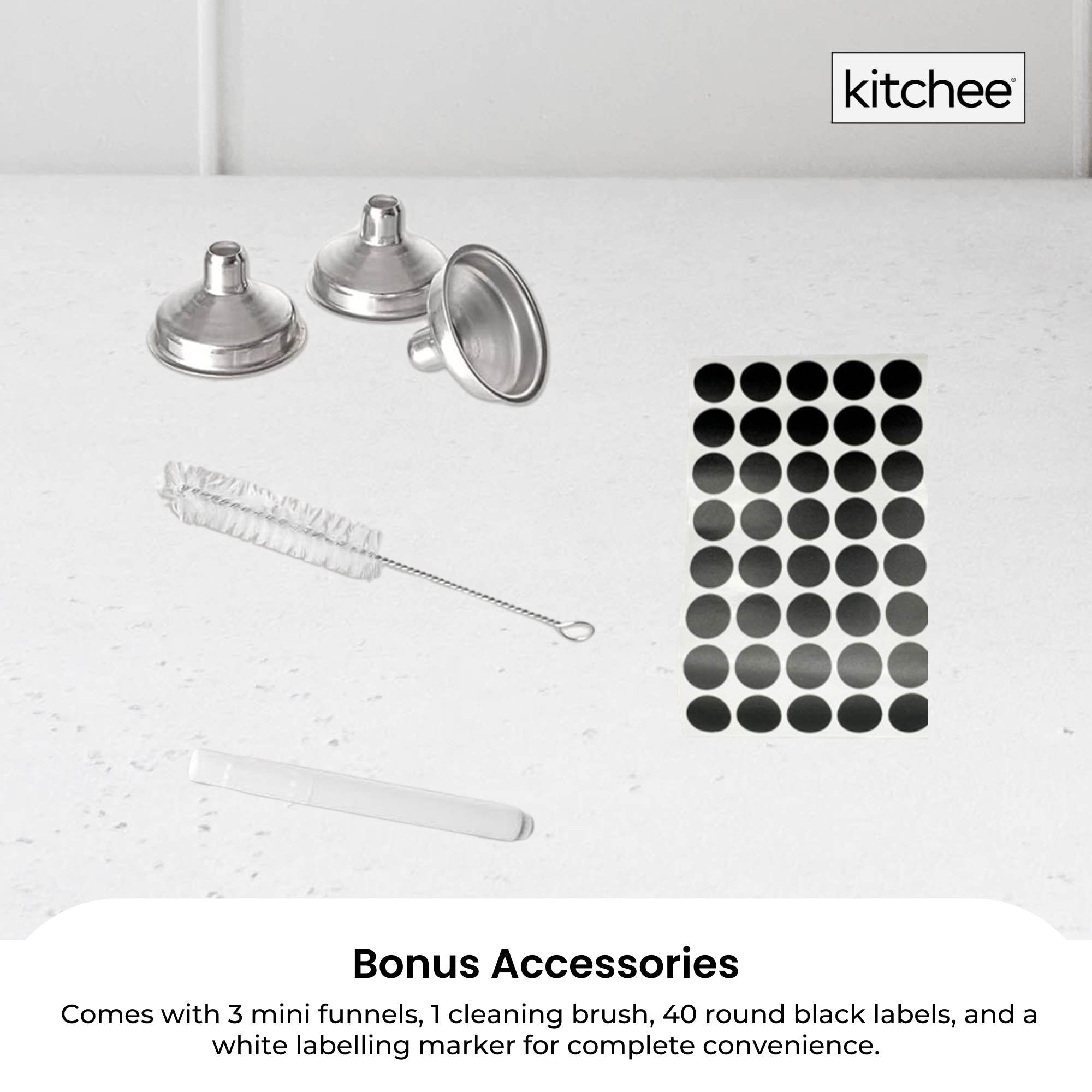 Kitchee 12x 60ml Small Glass Bottles + Lids Funnels Brush Labels Pen 5