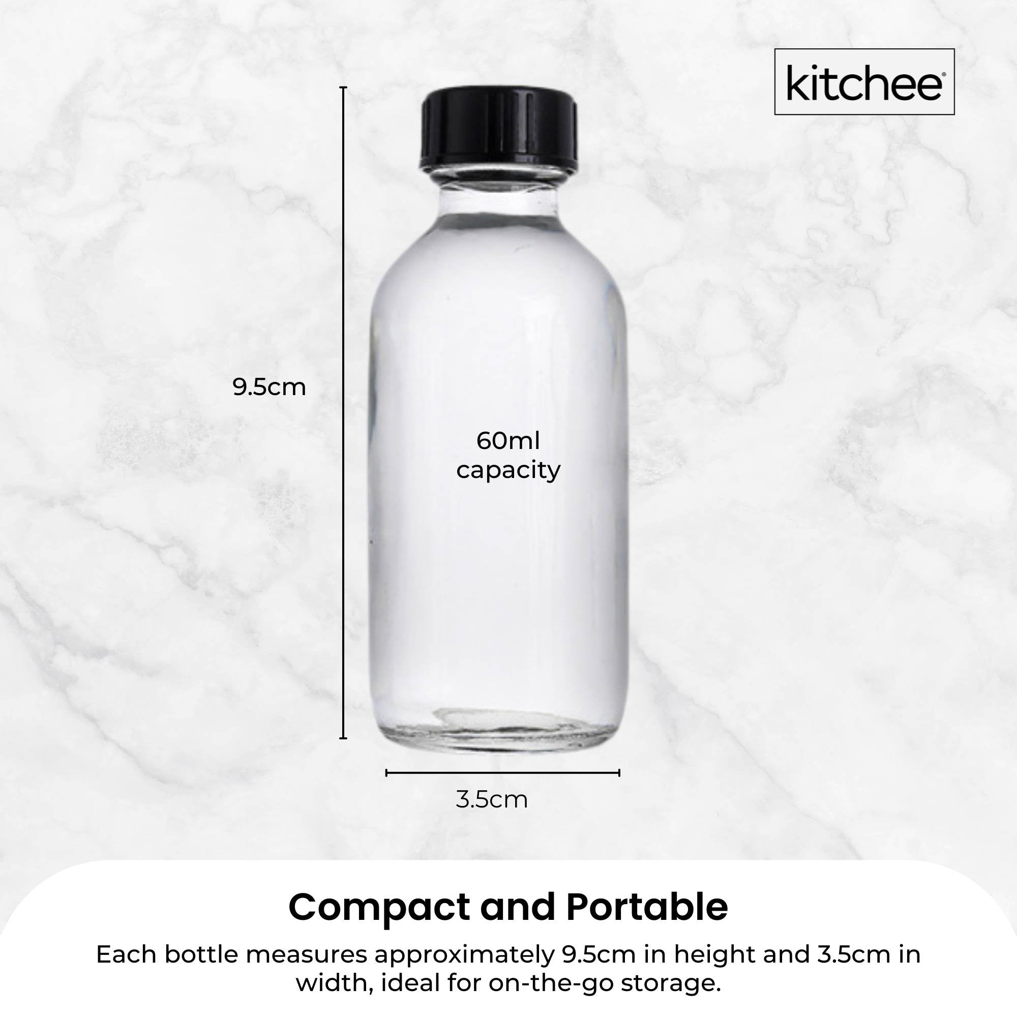 Kitchee 12x 60ml Small Glass Bottles + Lids Funnels Brush Labels Pen 6