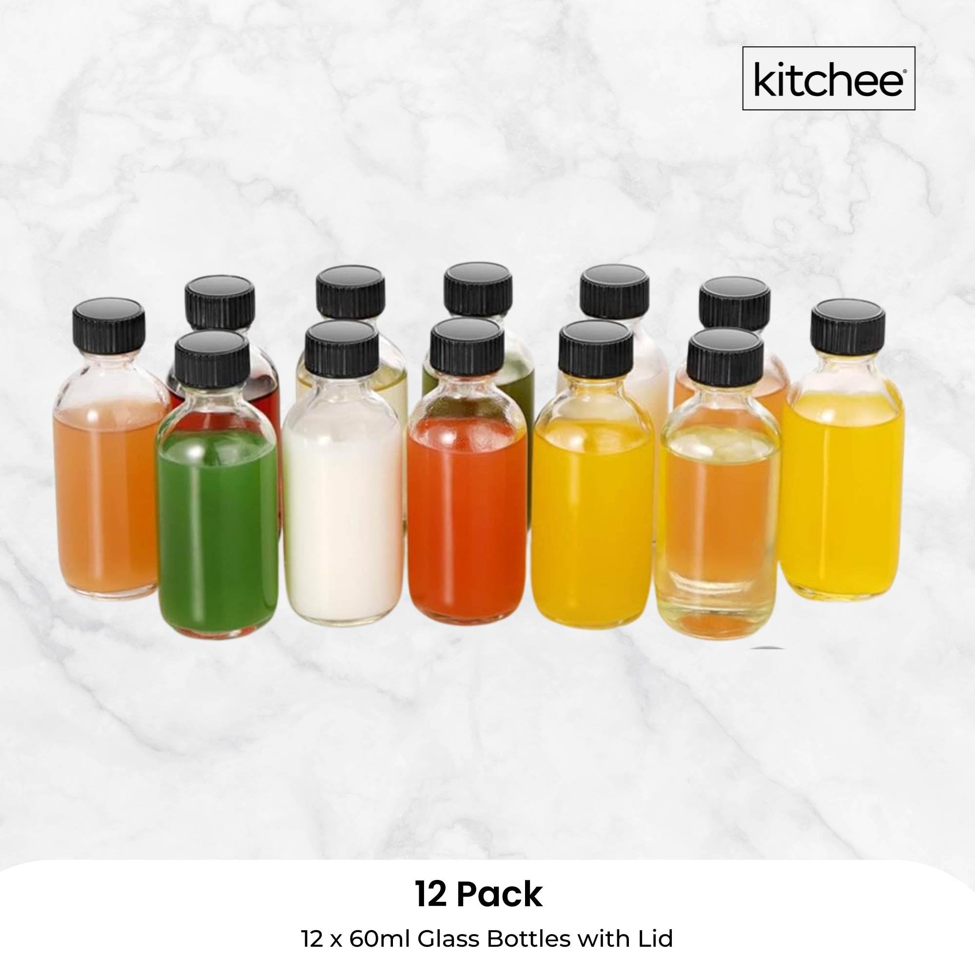 Kitchee 12x 60ml Small Glass Bottles + Lids Funnels Brush Labels Pen 8
