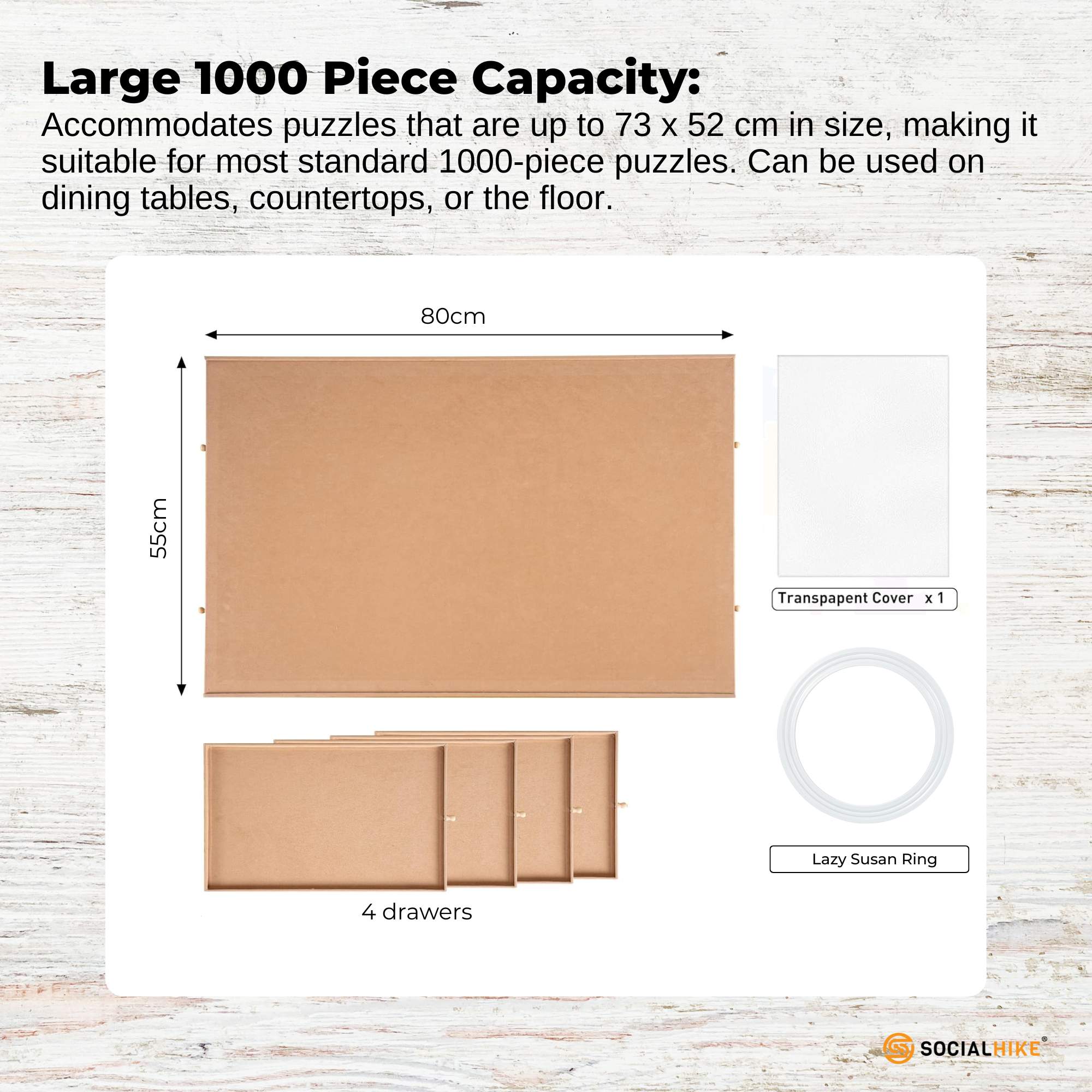 Social Hike 1000pcs Puzzle Board 4 Drawer with Cover -  Wooden Rotating Tabletop 4