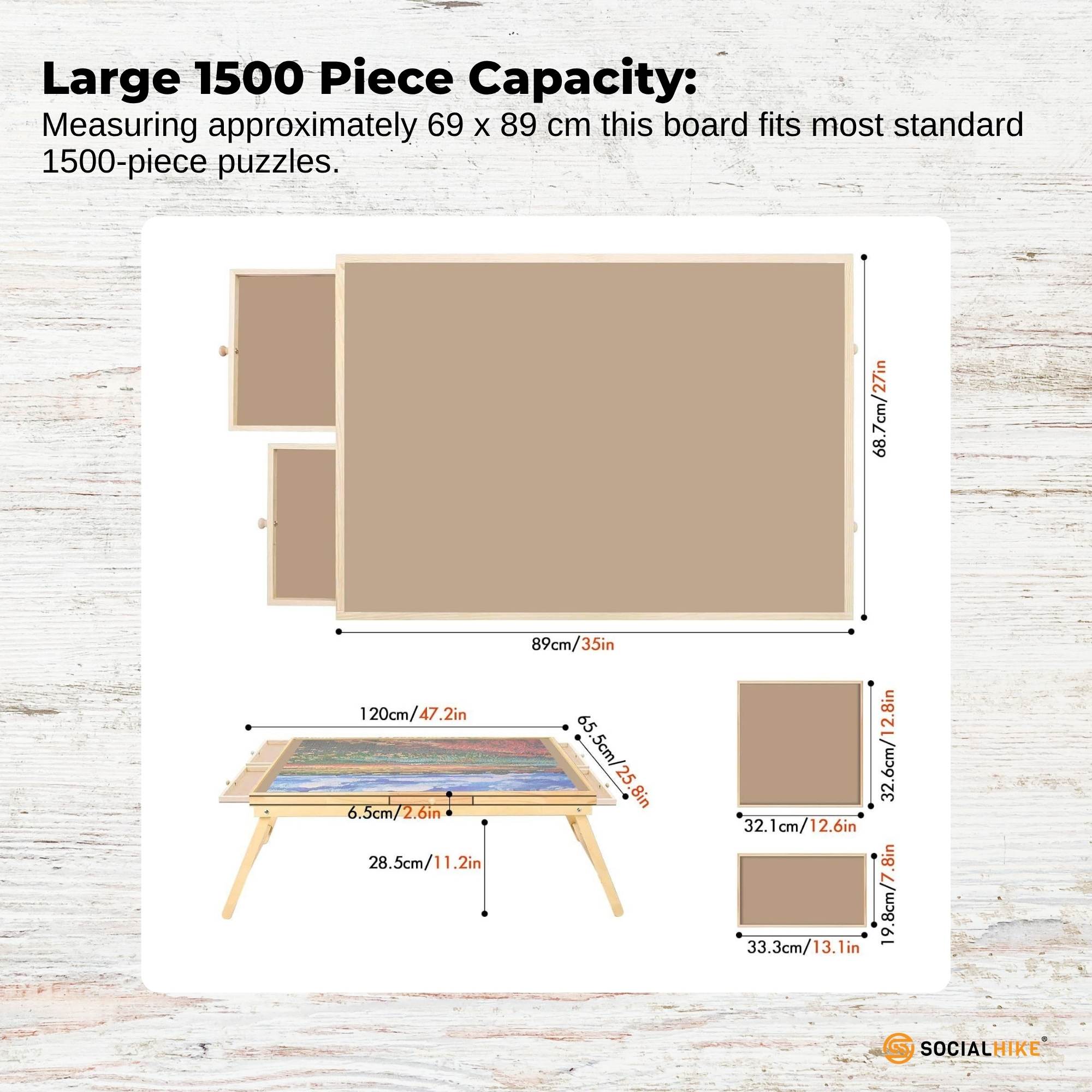 Social Hike 1500pcs Puzzle Board Table 6 Drawer with Cover - Wooden Folding Legs 4