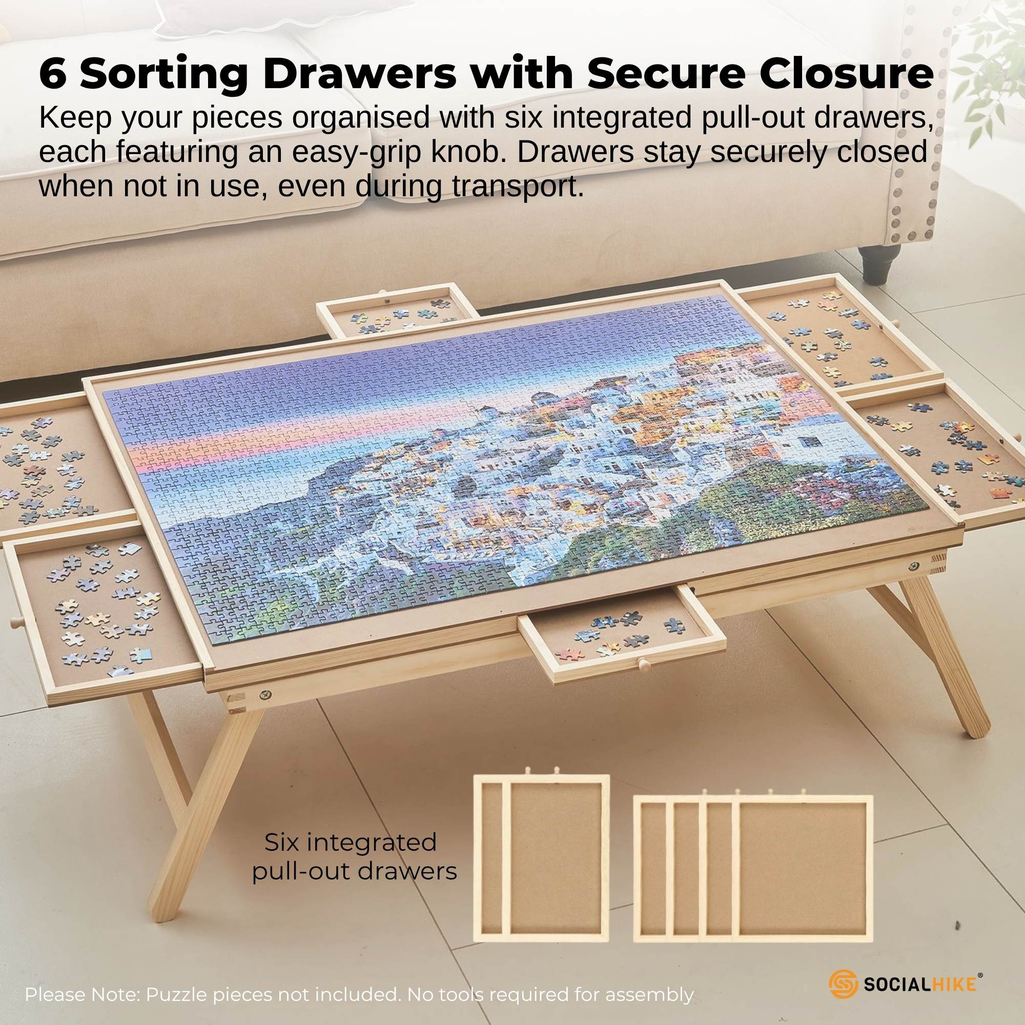 Social Hike 1500pcs Puzzle Board Table 6 Drawer with Cover - Wooden Folding Legs 6